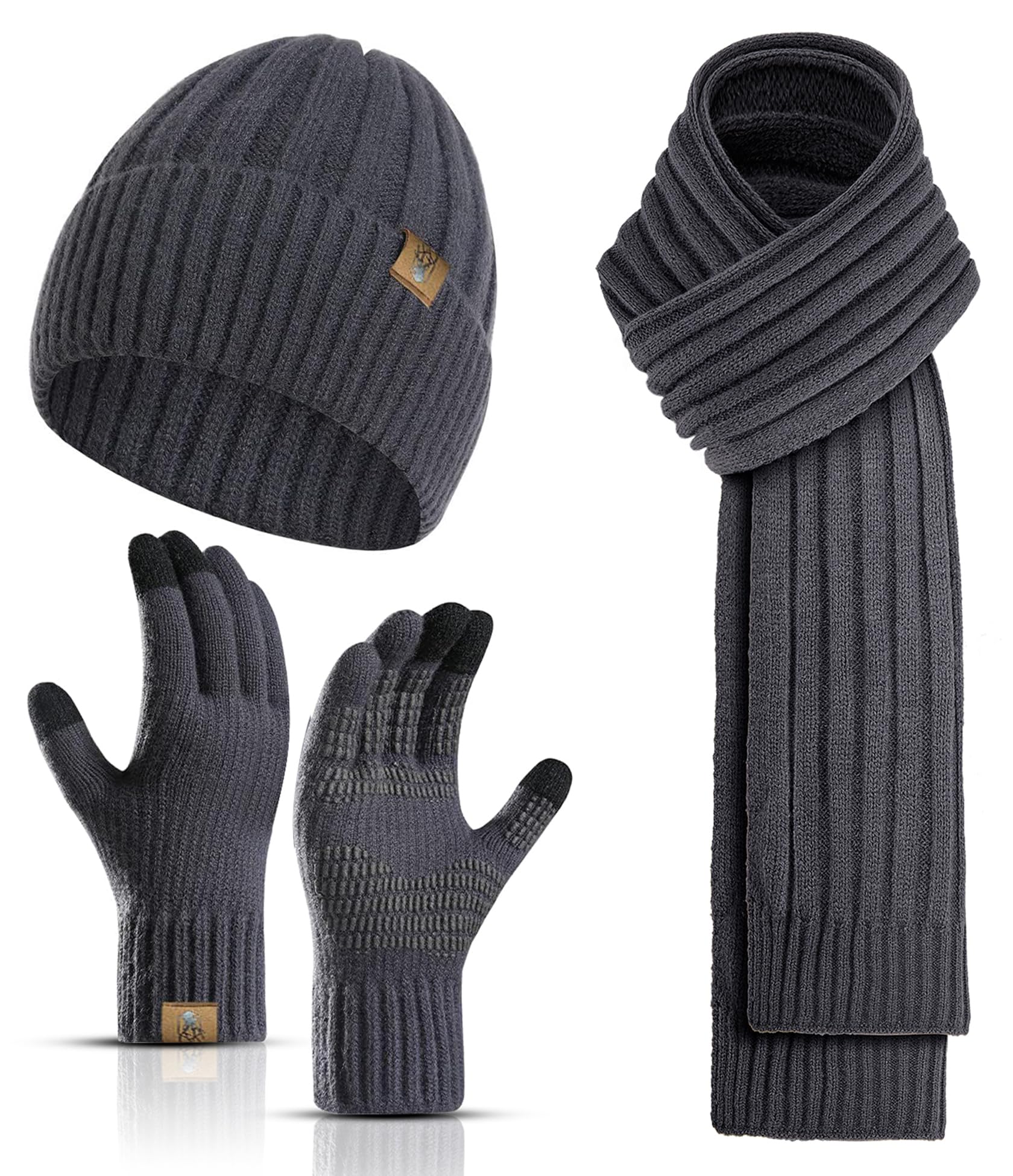 3pcs Set Winter Beanie Hats Touchscreen Gloves Neck Warmer Scarf Set for Men with Knit Skull Caps in