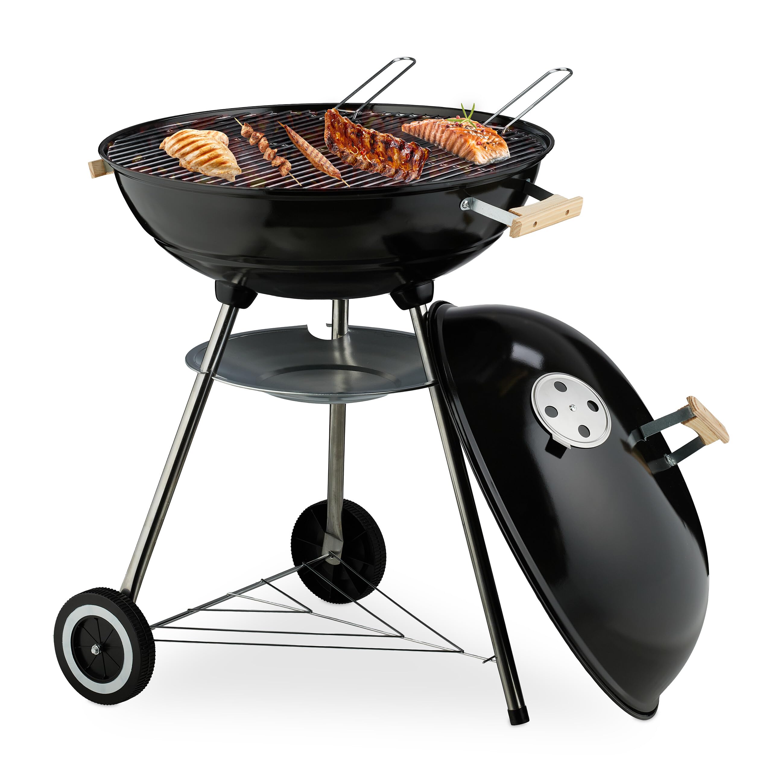 Relaxdays grill kulisty, Ø 54 cm, grill zewnętrzny z kółkami, łapacz popiołu, kratka wentylacyjna, grill na węgiel drzewny, czarny