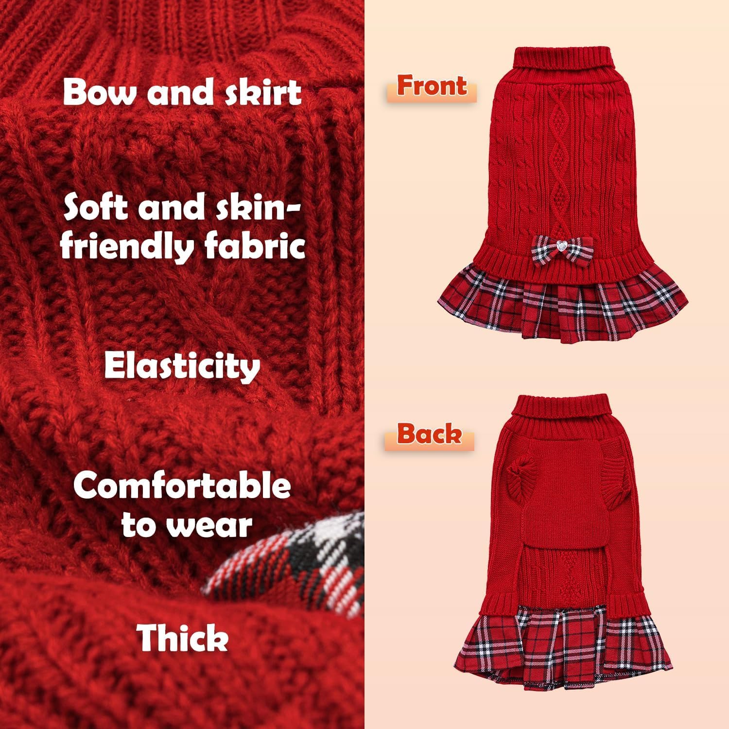 YUDODO Small Dog Sweater Dress with Bowtie Turtleneck - Knitted Pet Girl Dog Winter Clothes - Pet Warm Sweater for Puppy Yorkies, Chihuahua (S Red)