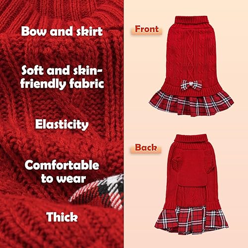 Miniatura 2 de YUDODO Vestido suéter para perros pequeños con corbatín de cuello alto, vestido de punto para perro, ropa de invierno para mascotas, suéter cálido