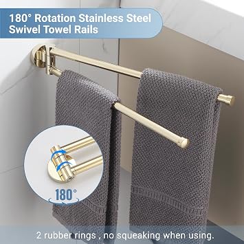 BGL Swivel Towel Bar for Bathroom Gold,Swing Out Double Towel Bar 2-Arm Kitchen Wall Mounted Towel Hanger Holder for Bathroom Organizer