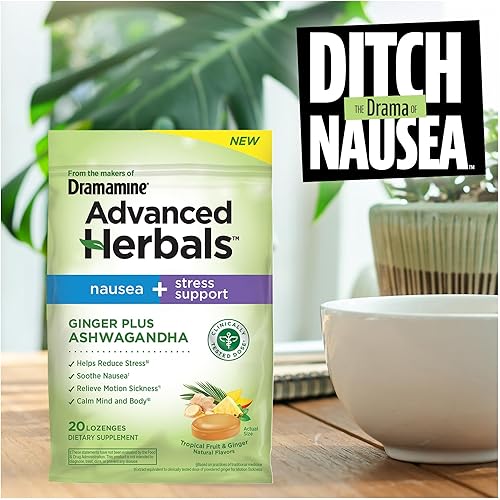 Miniatura 6 de De los creadores de Dramamine, pastillas Advanced Herbals de jengibre y ashwagandha, para alivio de náuseas y apoyo contra el estrés, sabor a fruta
