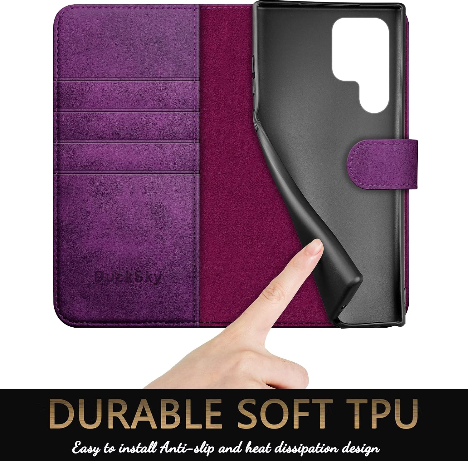 DuckSky for Samsung Galaxy S22 Ultra Genuine Leather Wallet case 【RFID Blocking】【4 Credit Card Holder】【Real Leather】 Flip Folio Book Phone case Protective Cover Women Men for S22Ultra case Purple