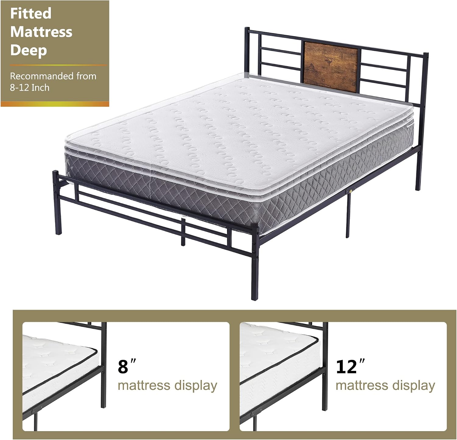VECELO Queen Size Bed Frame with Headboard, Heavy-Duty Platform with Steel Slats Support, No Box Spring Needed/Easy Assembly, Matte Black & Brown