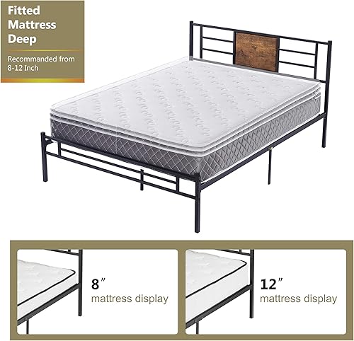 Miniatura 7 de VECELO Base de cama tamaño Queen con cabecero, plataforma resistente con soporte de listones de acero, no necesita somier, fácil montaje, negro mate