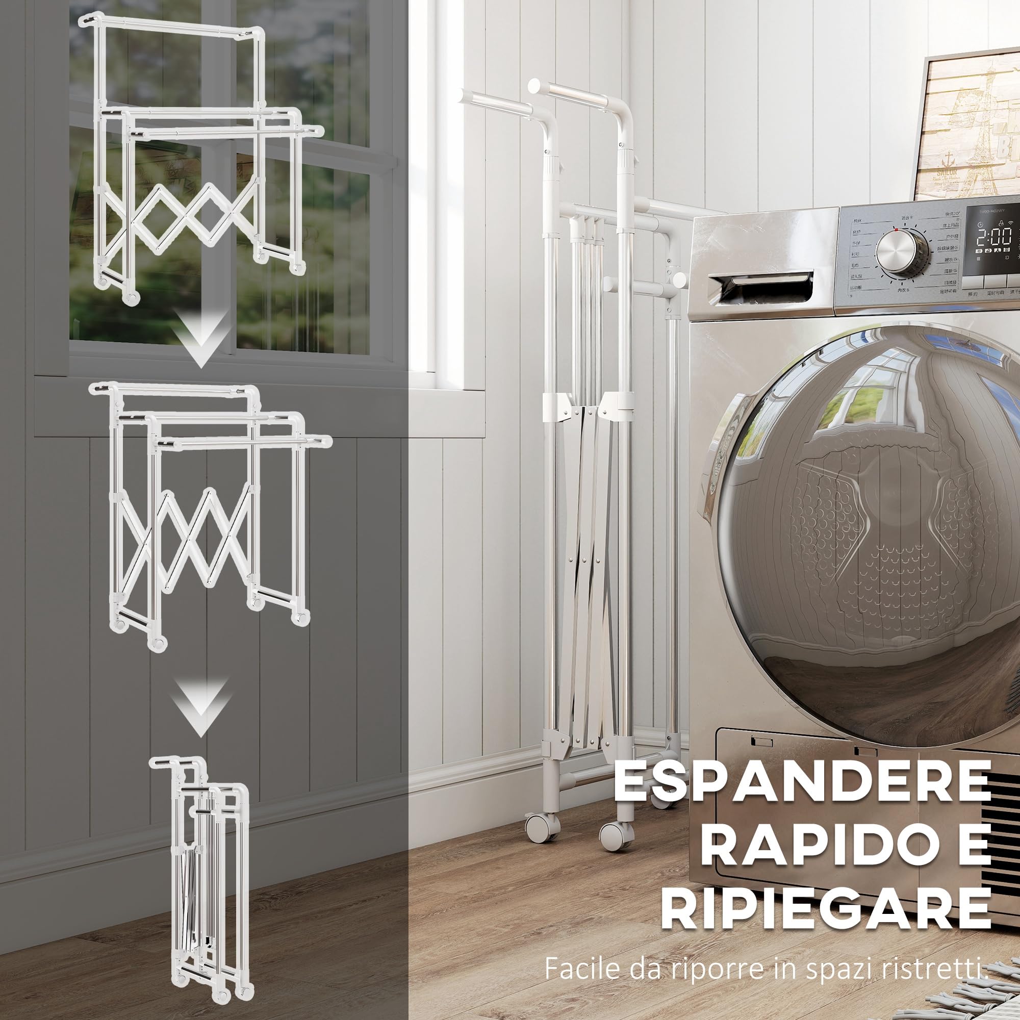 HOMCOM Stendibiancheria Pieghevole con 3 Barre Regolabili, Argento | Stendino Verticale, Ruote Girevoli, Struttura in Acciaio Inox, Stender per Casa e Lavanderia
