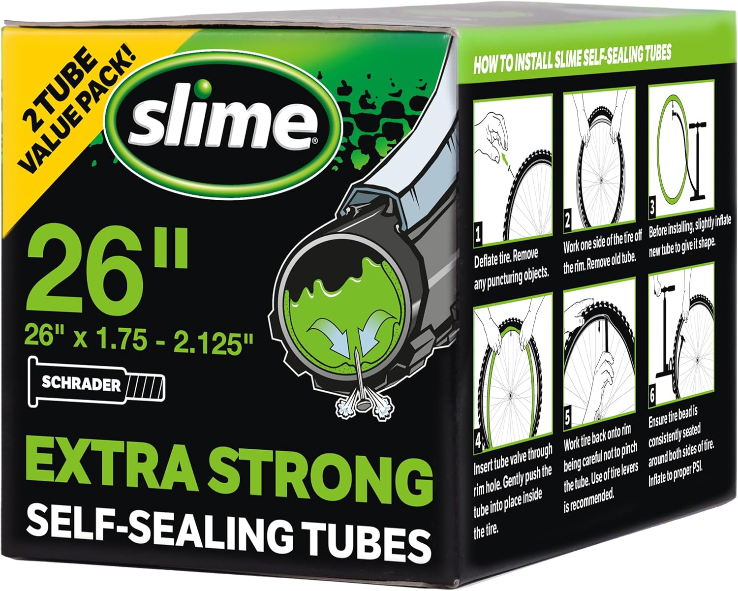 Slime Extra Strong Self-Sealing Bike Inner Tube 26" x 1.75-2.125" Schrader - Puncture Proof for 2 Years