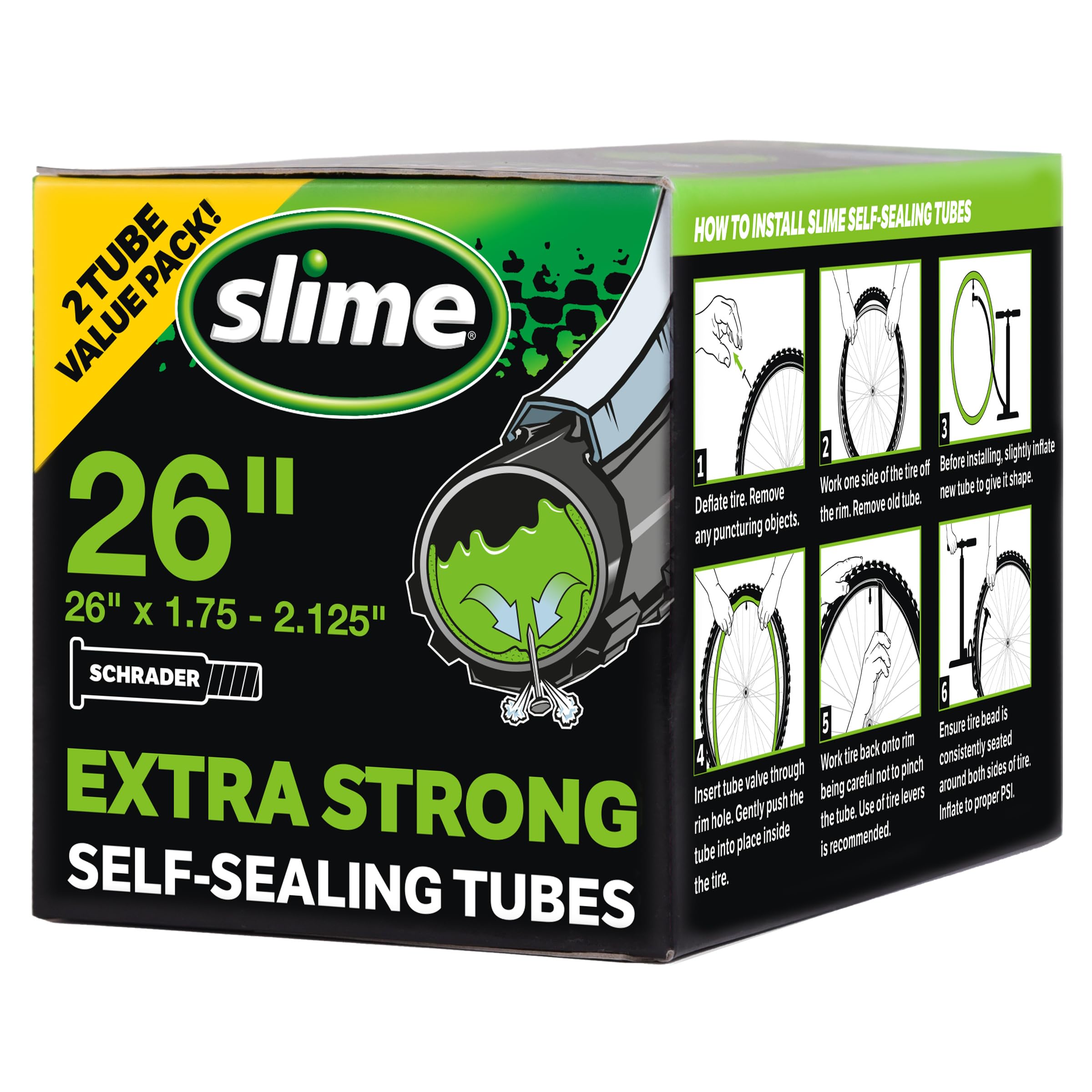 Slime Smart Tube Schrader Valve Bicycle Self SealingTube (26 x 1.75-2.125), 2 Pack