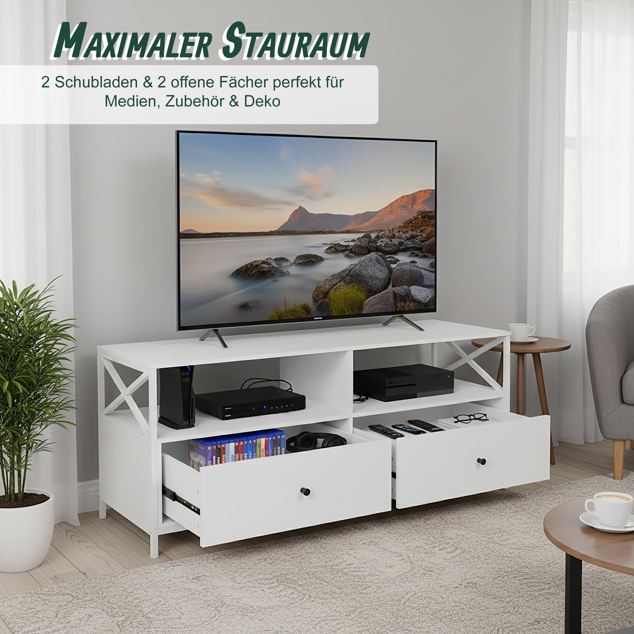Relaxdays TV-Lowboard, 2 Fächer & 2 Schubladen, TV-Schrank bis 55 Zoll, HBT: 50 x 120 x 40 cm, Fernsehtisch, weiß