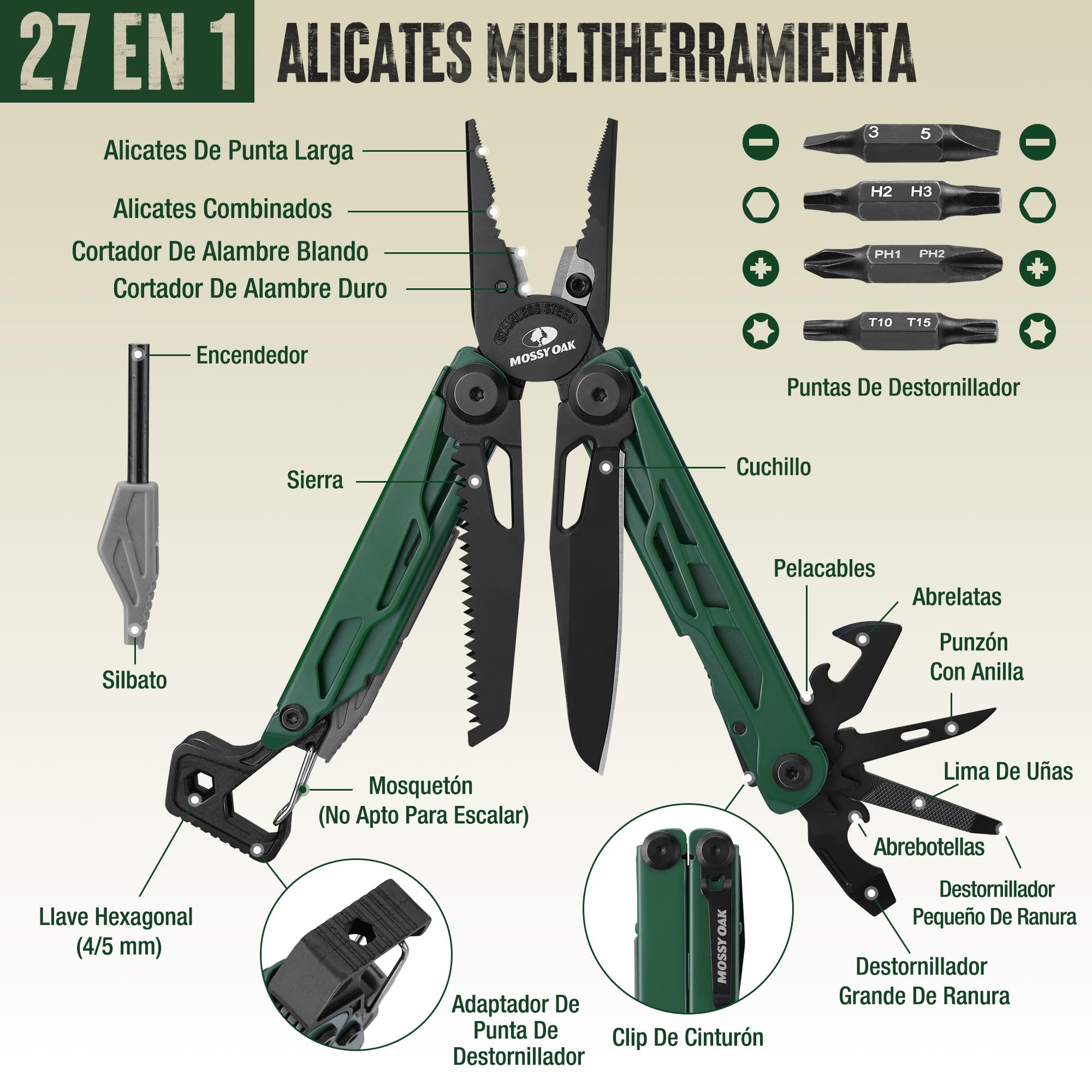 MOSSY OAK Pinza Multifunción de Acero Inoxidable 27 en 1, Herramienta Multifuncional Compacta y Resistente, Multitool de Bolsillo para Camping, Supervivencia, Bricolaje y Actividades al Aire Libre