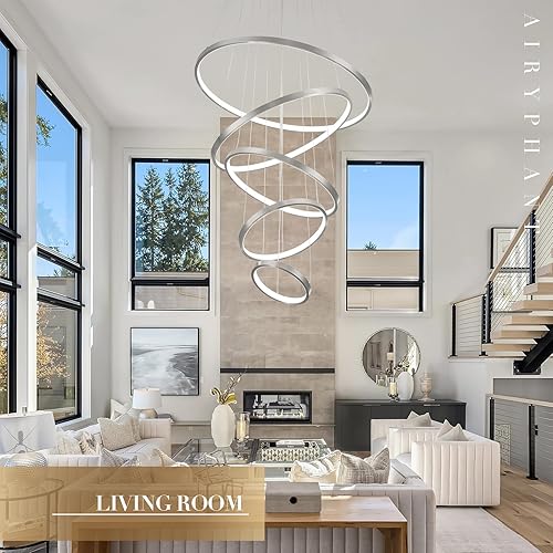Miniatura 2 de Moedrn - Candelabros LED de 5 anillos de níquel cepillado, lámpara de vestíbulo regulable para techo alto, lámpara de níquel contemporánea regulable