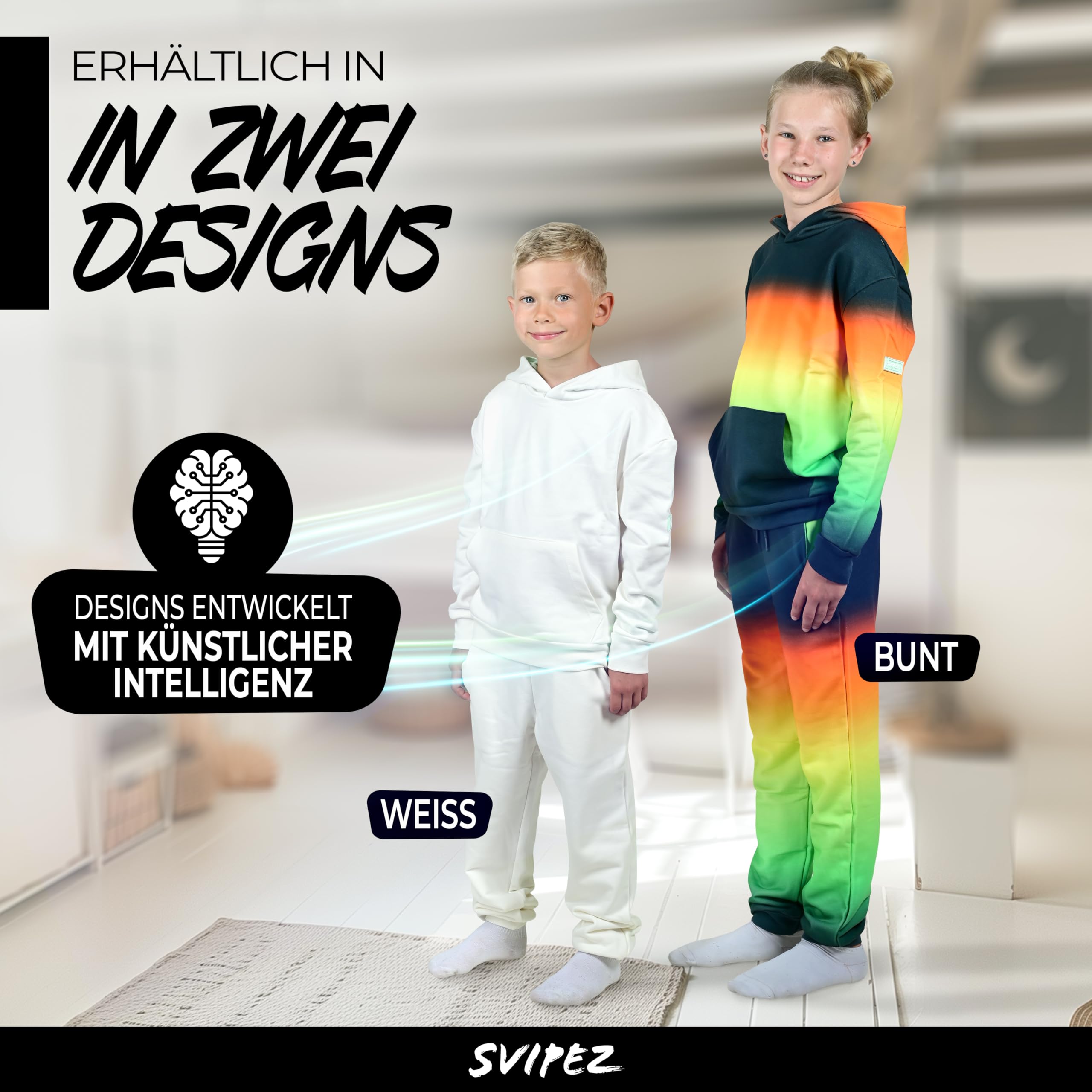 Fusion AI - Felpa e pantaloni da jogging per bambini e ragazzi, 100% cotone biologico, prodotto in Europa, design unico AI