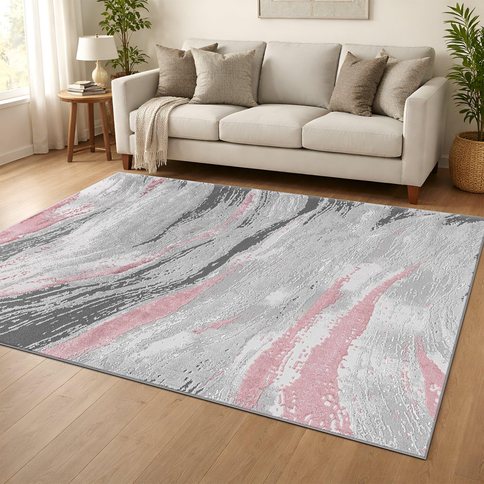 cozily® Jute Back Extra Large Rugs For Living Room - Jeze Pink Abstract Rug - 160 x 230 cm - Washable Bedroom Carpet, Dining Room and Lounge Rug