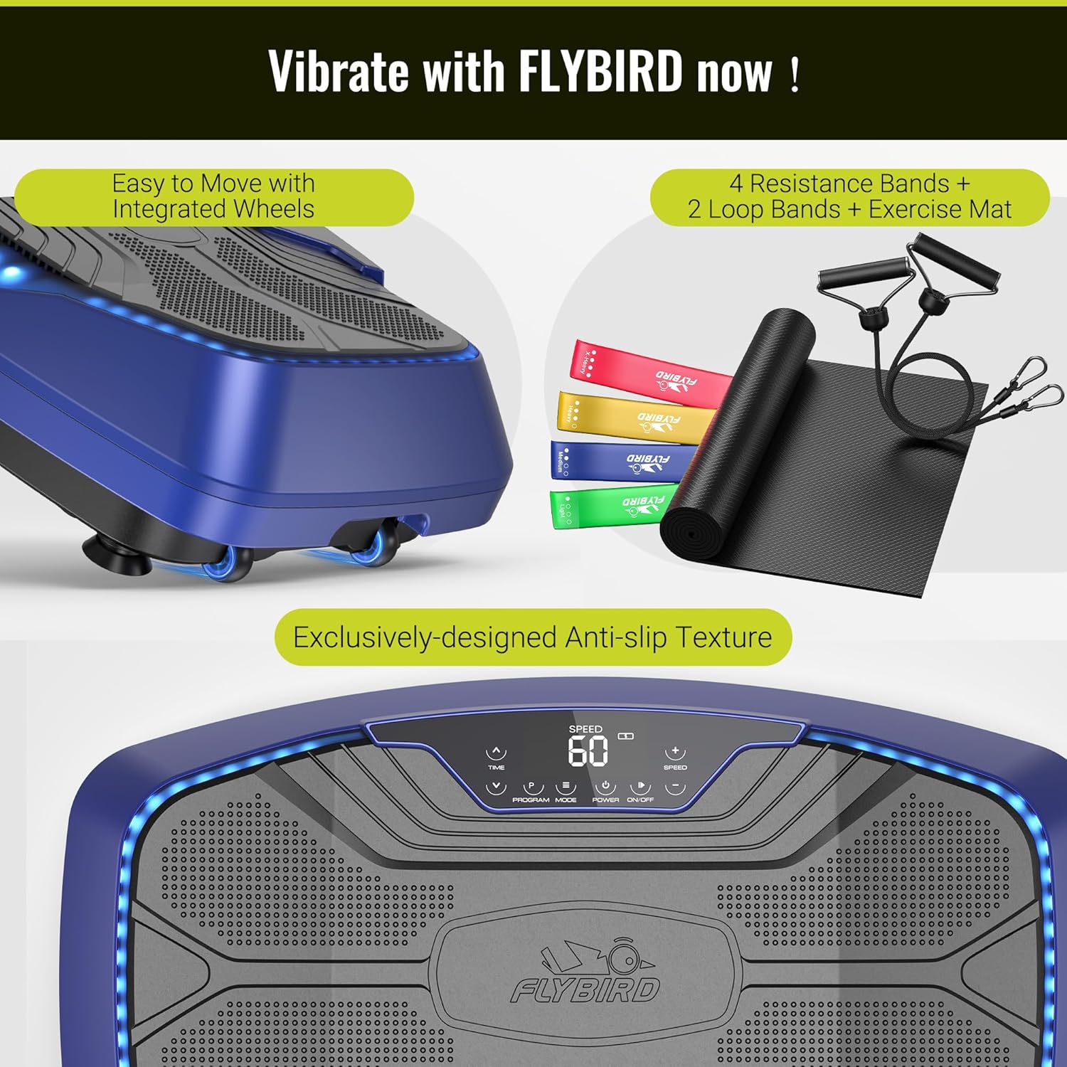 Close-up of FLYBIRD 4D Vibration Plate showing integrated wheels and anti-slip texture