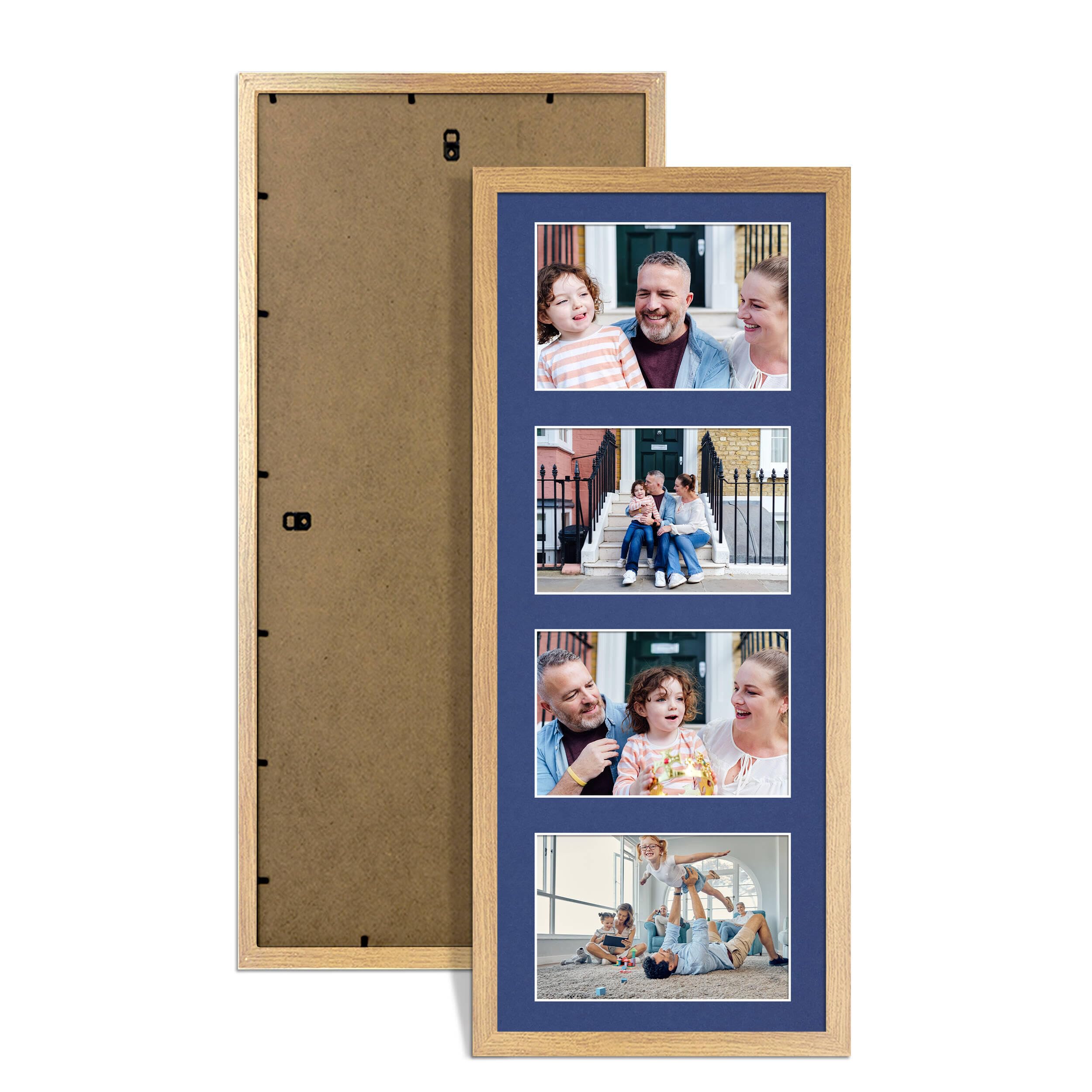 Alison Kingsgate Oak 50x20cm Photo frames for multiple pictures - Collage Frame for 4 Pictures with Blue Mount - Holds (4x) 6x4 Photos - Engineered Wood & Perspex