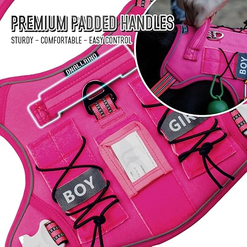 Miniatura 5 de Arnés táctico para perros medianos y grandes, arnés rosa para perro con tarjeta de identificación, arnés reflectante de senderismo para