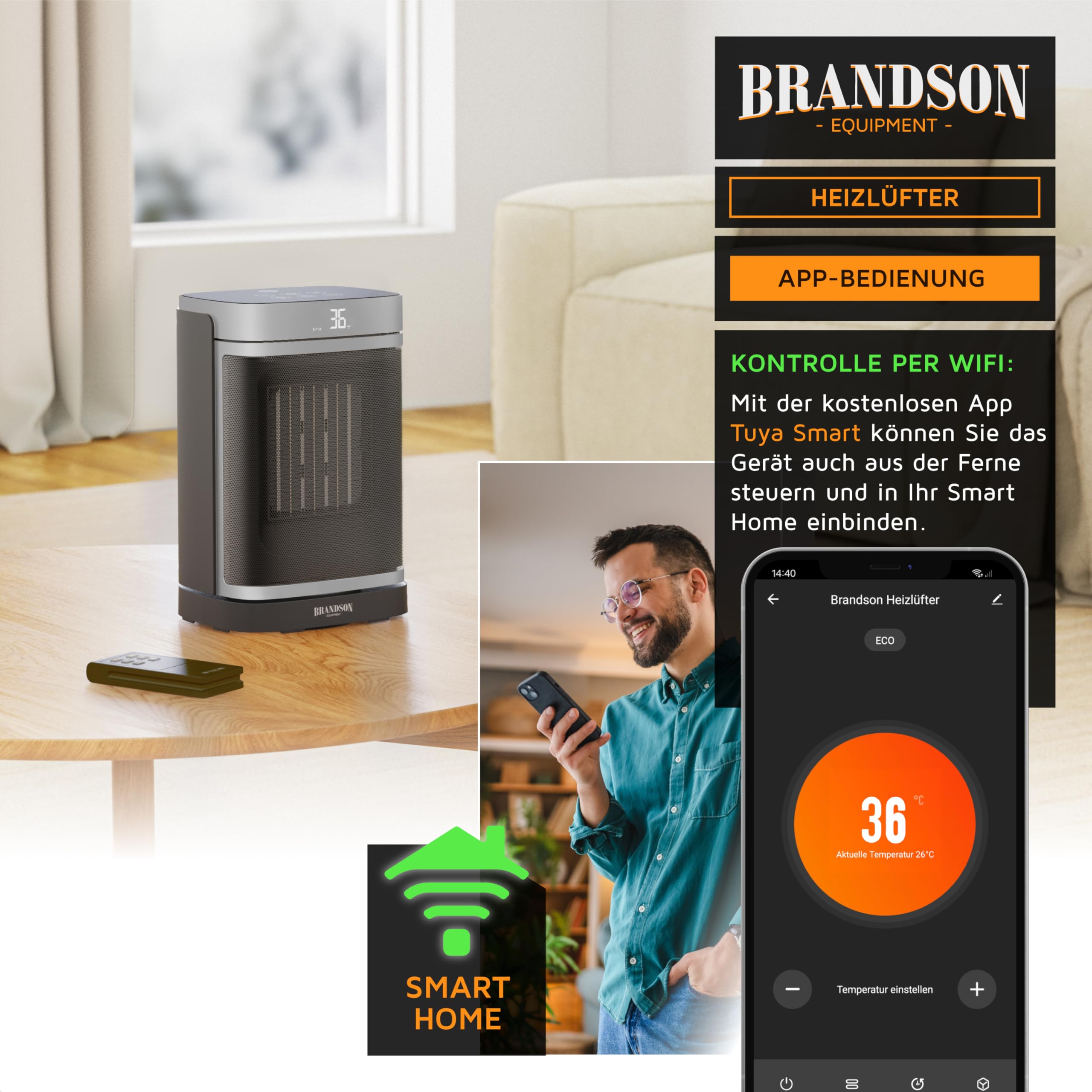 Brandson - Heizlüfter Wlan - Fernbedienung - Preisträger - ECO Modus energiesparend leise - WiFi Steuerung mit App - Oszillation - Kindersicherung - Timer - Bad Wohnzimmer Büro Kinderzimmer
