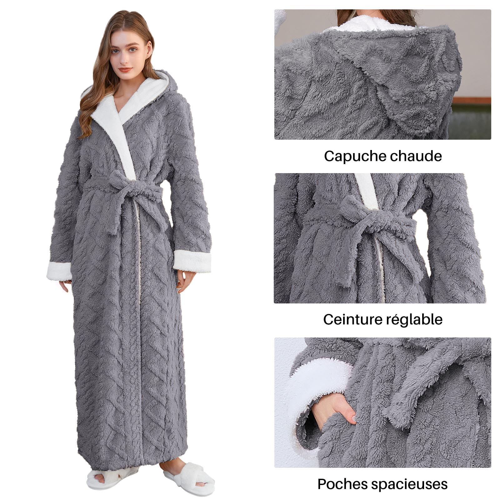 PUTUO Robe de Chambre Femme Polaire: Peignoir de Bain Femme Tres Longue Hiver Chaud Peignoir avec Capuche