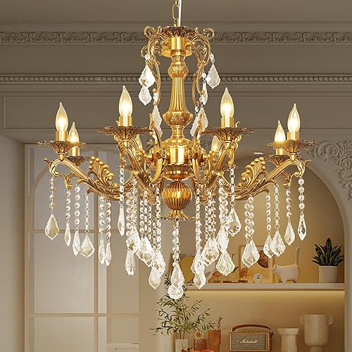 Miniatura 6 de CHGUOSZ Candelabro de cristal de bronce antiguo dorado para comedor, lámpara colgante de techo para sala de estar, dormitorio, pasillo, granja,