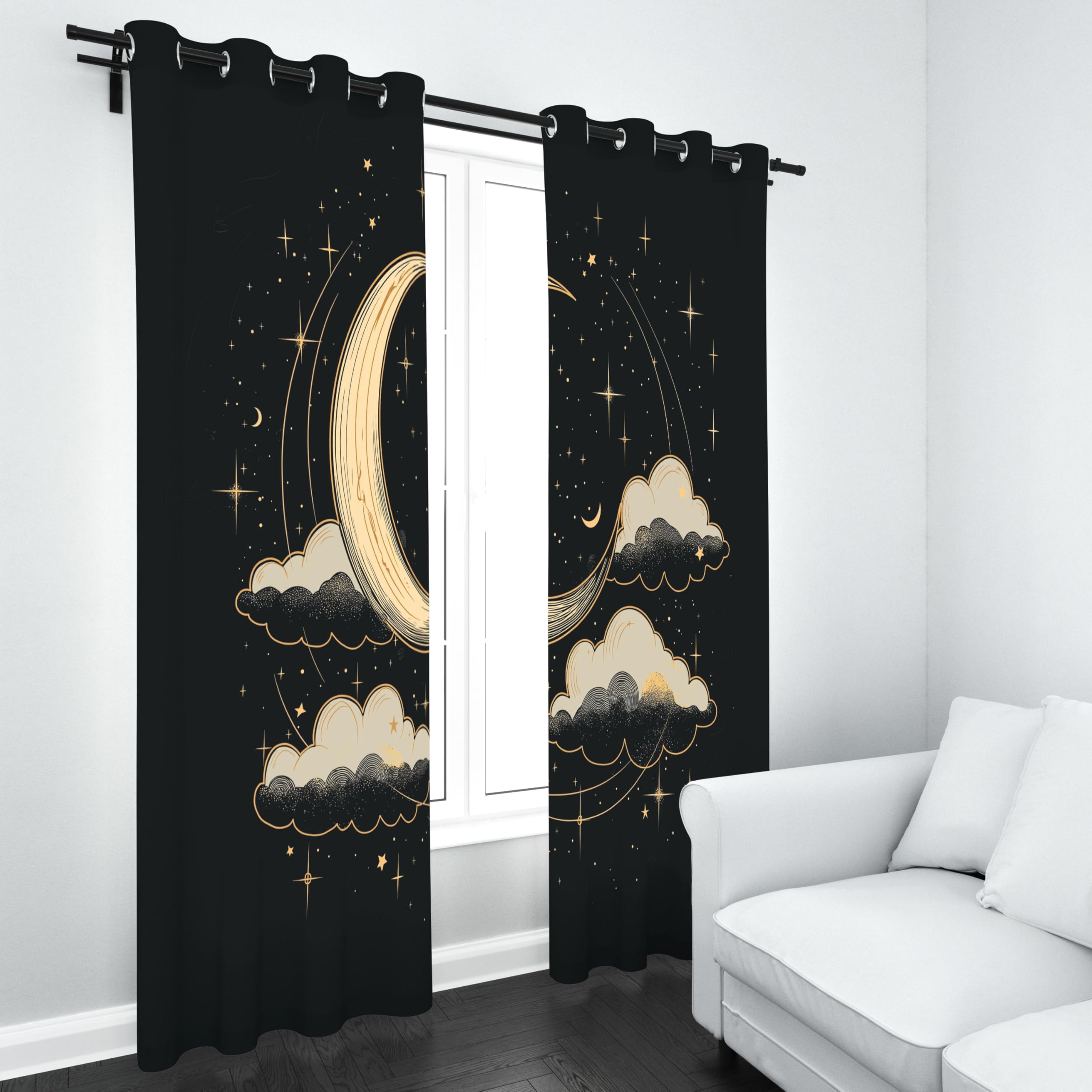 Mond Sternenhimmel Stern Blickdichte Vorhang mit Ösen, Nachthimmel Wolke Verdunkelungsvorhang Ösenvorhang Wohnzimmer Thermogardine Hitzeschutz Sonnenschutz 2er Set H245 x B140 cm