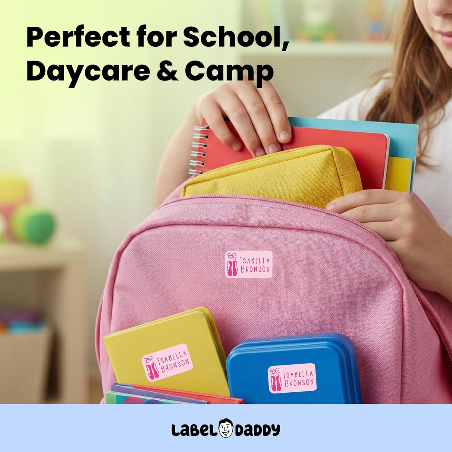 Label Daddy Custom Name Labels for Girls – Waterproof Personalized Name Tags for Daycare, School & Camp - No Iron Needed - Extra Small Labels for Bottles, Backpacks & More – Ballet Design | 75 Ct