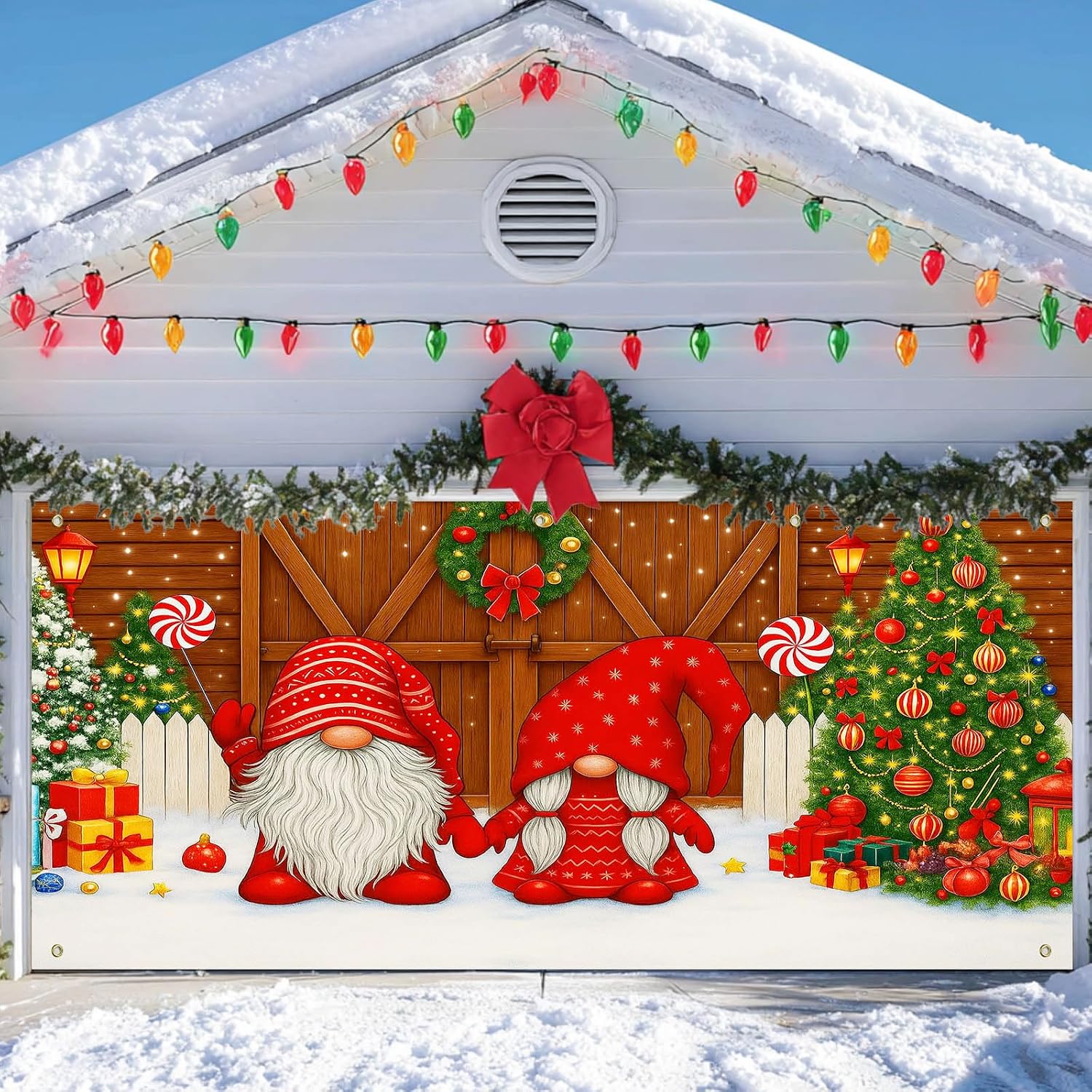 IVN Christmas Garage Door Cover Decoration 13x6ft Gnomes by Barn Doors with Tree Merry Christmas Garage Door Banner Home Door Front Yard Decor for Xmas Eve Holiday Outdoor