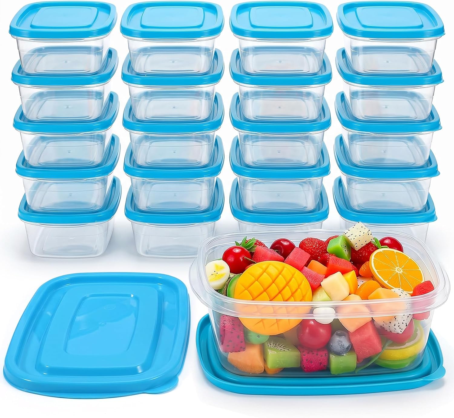 24 Pcs Plastic Food Storage Containers with Lids 4 Cups, 33 oz Portion Box Sets with Cover Bulk, Stackable Meal Prep Containers for Kitchen, Freezer, Microwave and Dishwasher Safe (Blue)