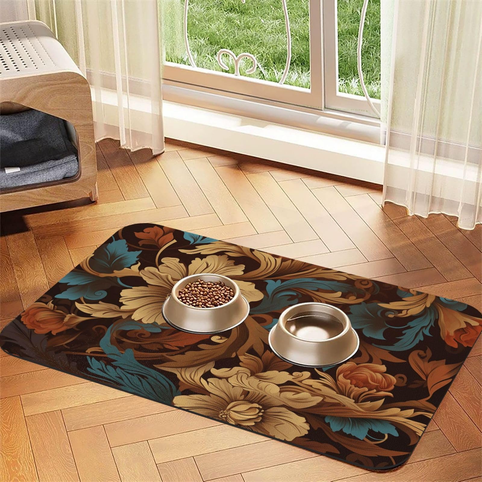 Tapis anti-glisse pour gamelle de chien super absorbant motif floral