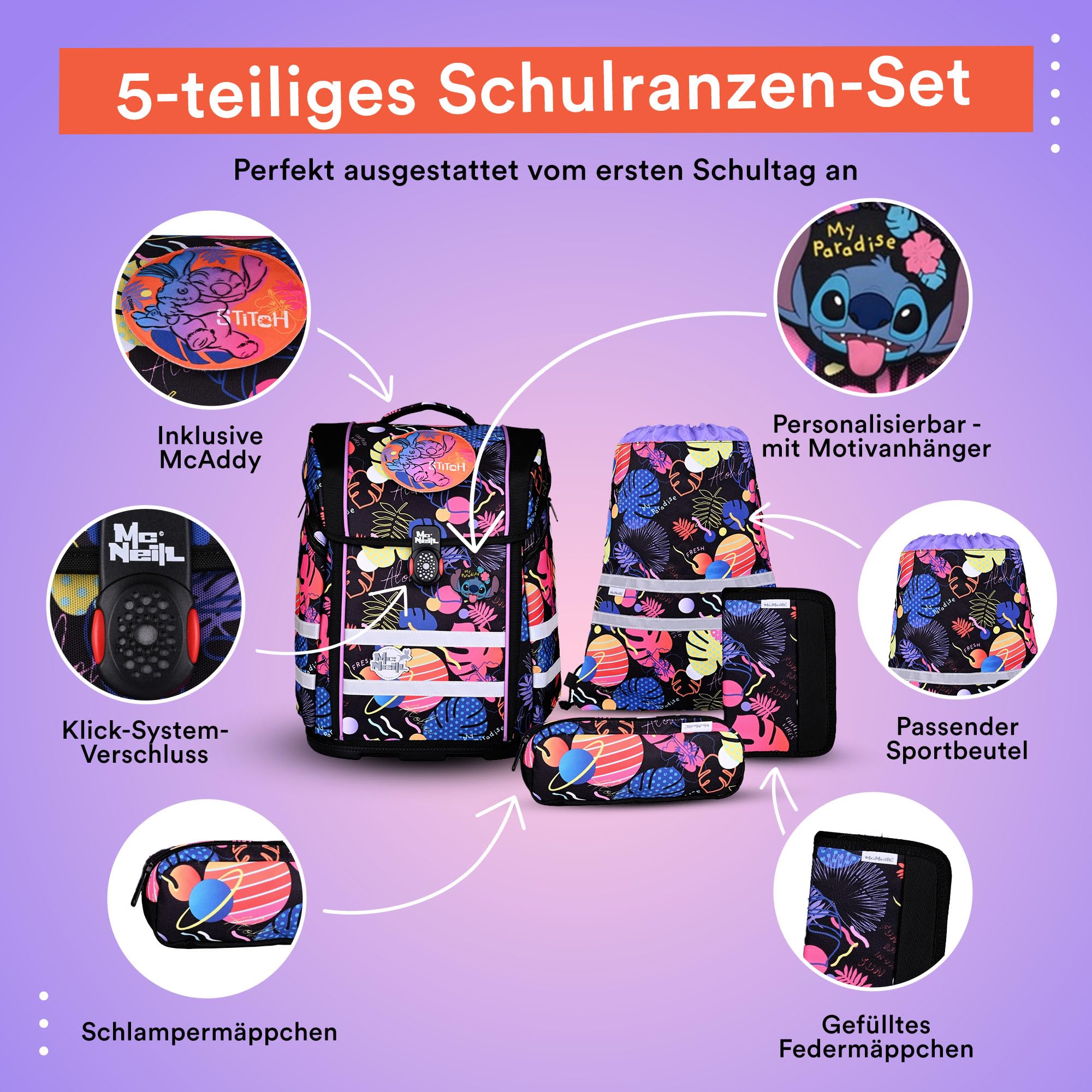 McNeill Stitch III Perfecto SchulranzenSet 5-teilig – Ergonomischer Schulranzen mit gefülltem Federmäppchen, Sportbeutel & mehr im Disney Stitch Design – Reflektierend, mit Brustgurt, für Grundschule