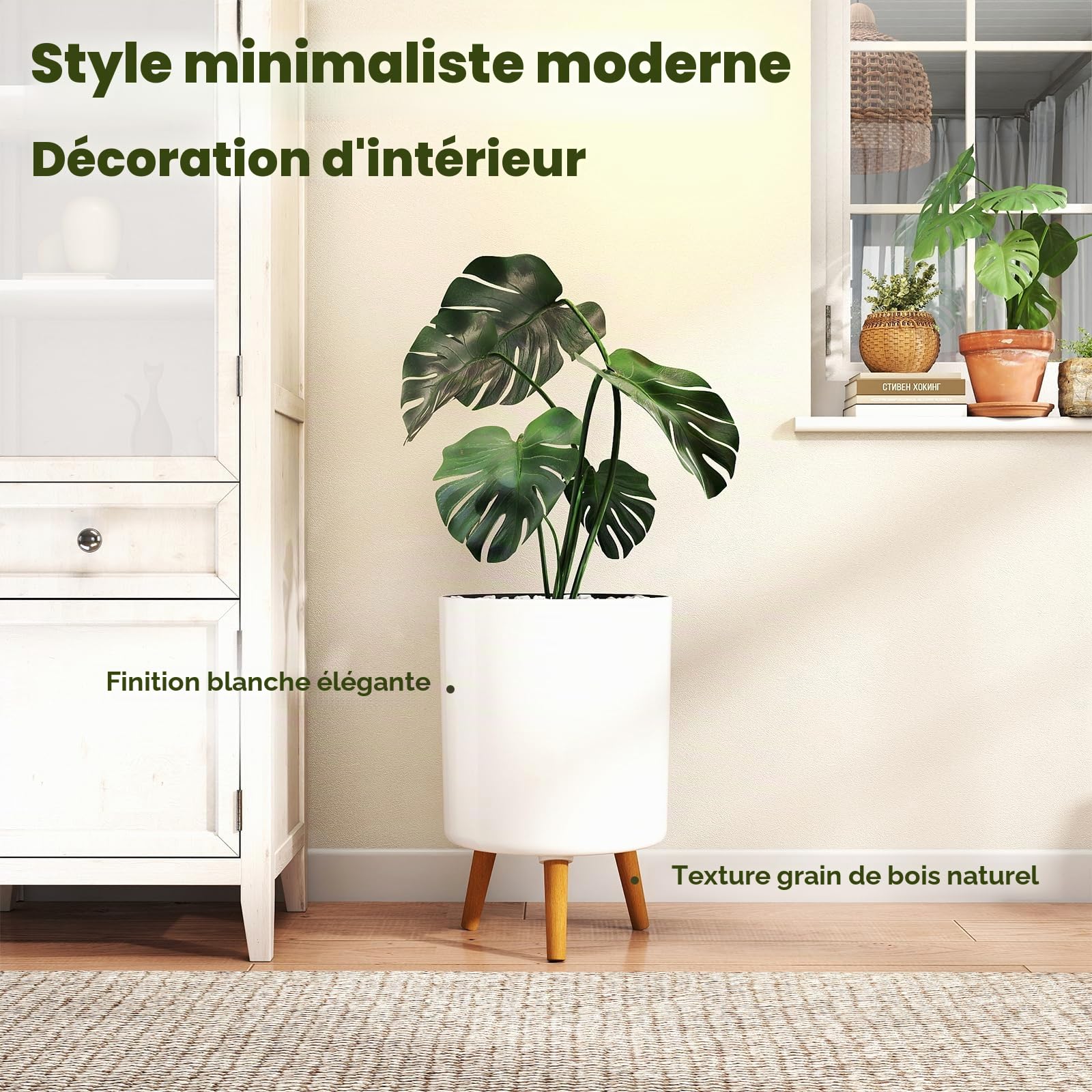 Bamworld Pots de Fleurs d'intérieur avec Support de Plantes 24,4 cm à arrosage Automatique avec Pieds en Bois Amovibles et indicateur de Niveau d'eau, Pot de Fleurs Moderne avec Pot intérieur