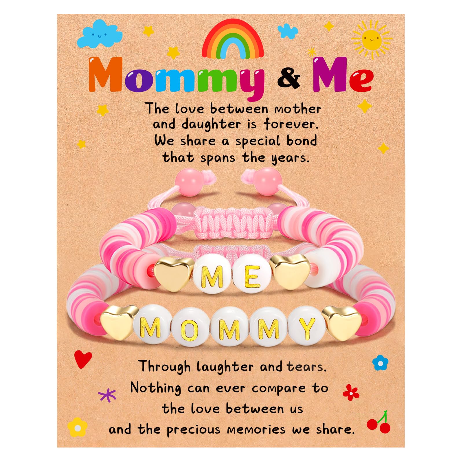 GLITTO Mom Daughter Gifts, 2ps Matching Beaded Heart Bracelets Jewelry for Mother Daughter/Mommy and Me/Mama Mini