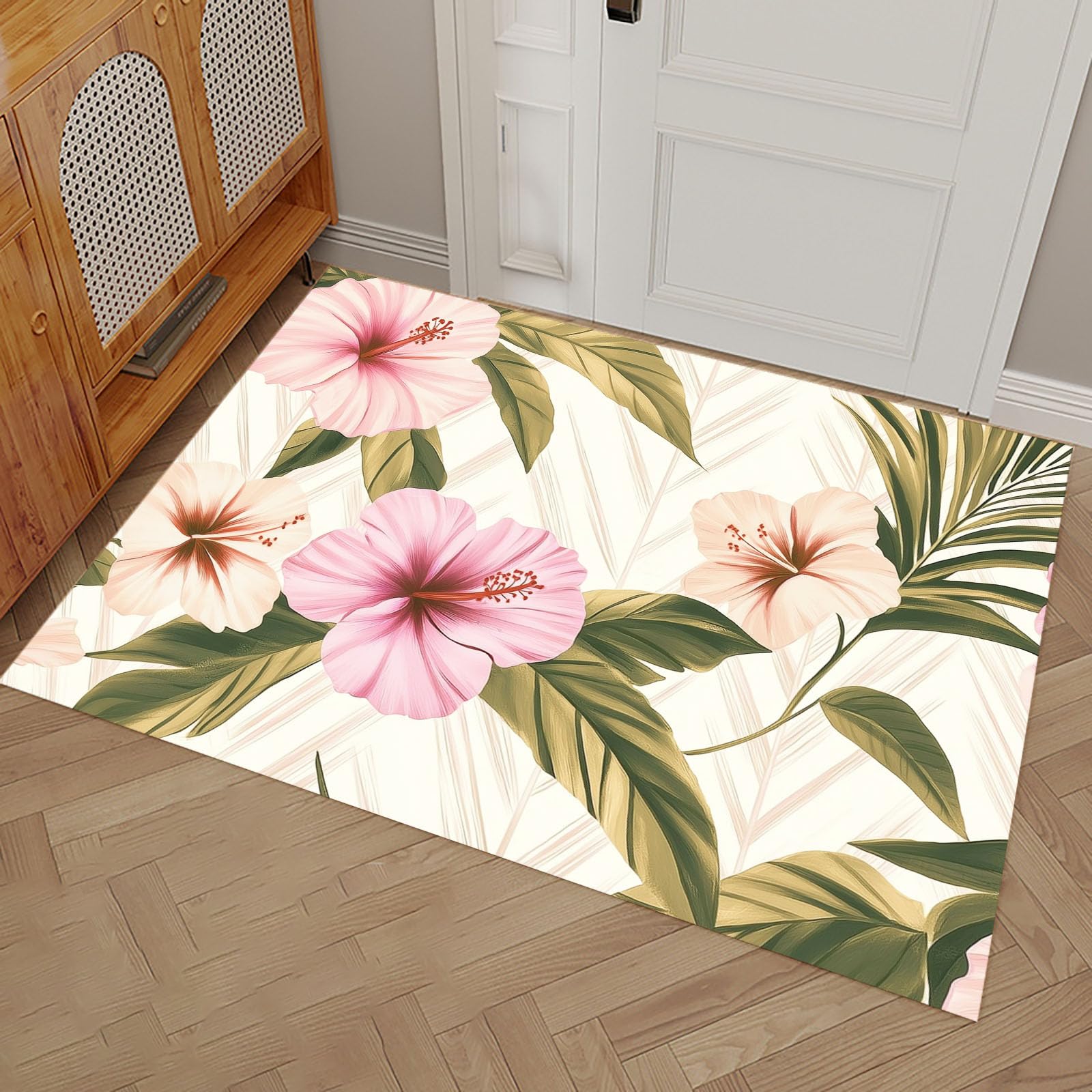 Tapis géométrique floral élégant coloris crème pour pas de porte