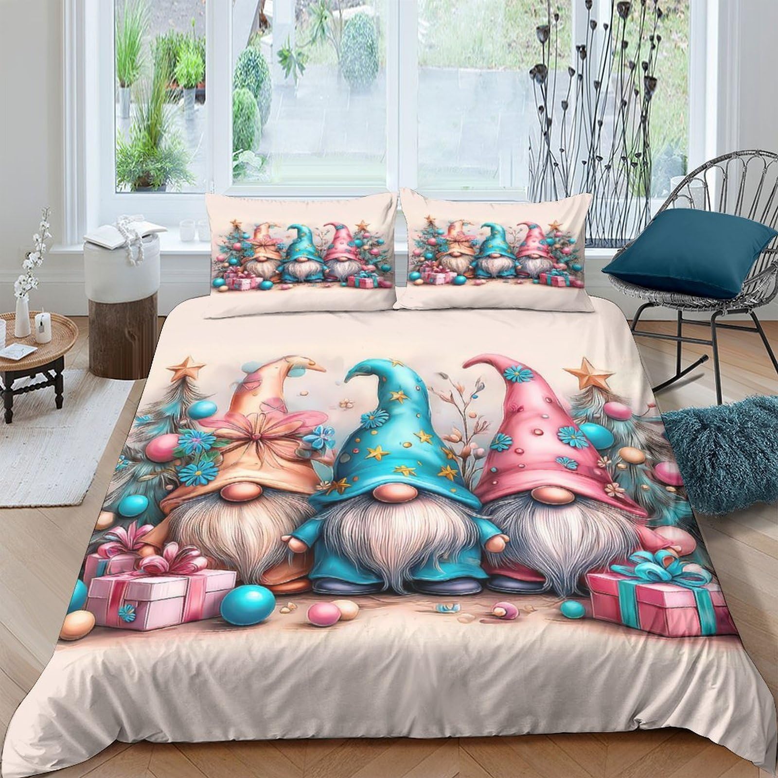 XFKLYNVCJ 3D Printed Christmas gnomes Bedding Cover Premium Polyester Festive cartoon style_ Duvet Cover Soft Durable Machine Washable for College Bedroom Student Dormitory Use Super king（260x220cm）