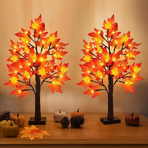 Paquete de 2 decoraciones preiluminadas de árbol de arce de otoño con 48 luces LED, temporizador que funciona con pilas, calabaza artificial,