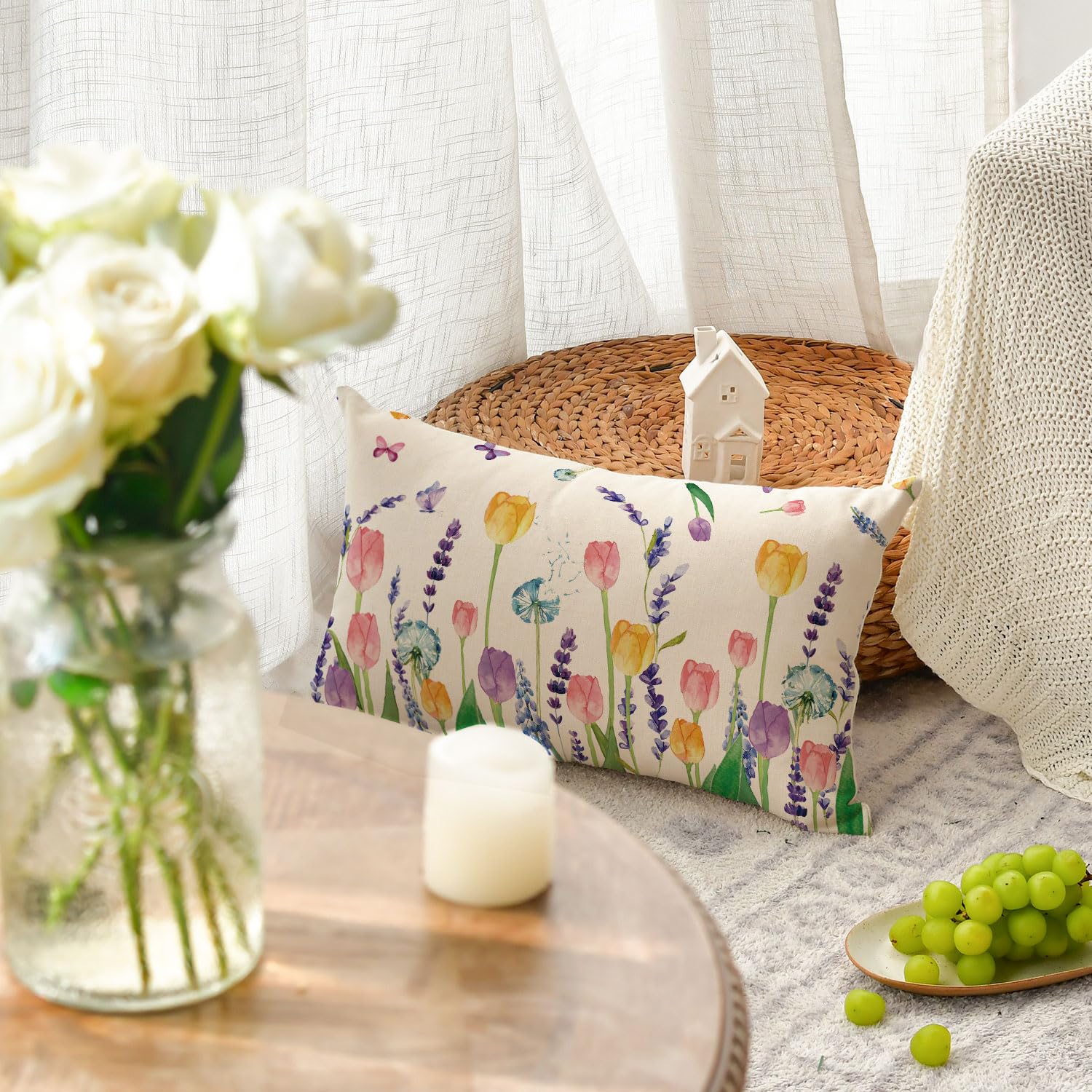 Federa Cuscino 30x50 Cm Stile Primaverile - Motivo Tulipani E Farfalle | Decorazione Divano E Soggiorno - Foto 5