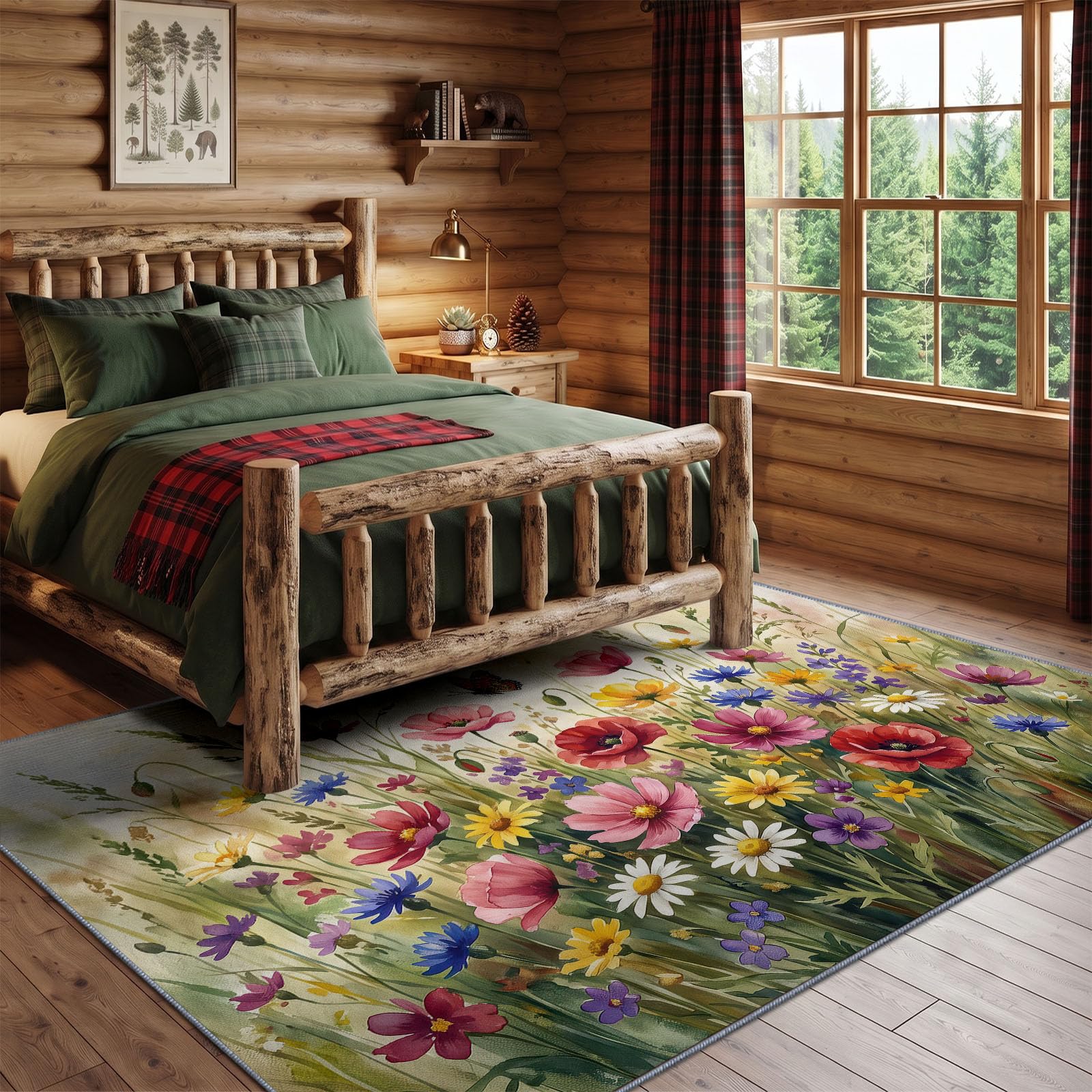 Aquarelle Peinture À Lhuile Tapis Lavable en Machine 140 x 200 cm, avec Couche antidérapante TPR, Poils Courts Champêtre Herbes Sauvages Marguerite Papillon Tapis, pour Chambre Salon, Multicolore