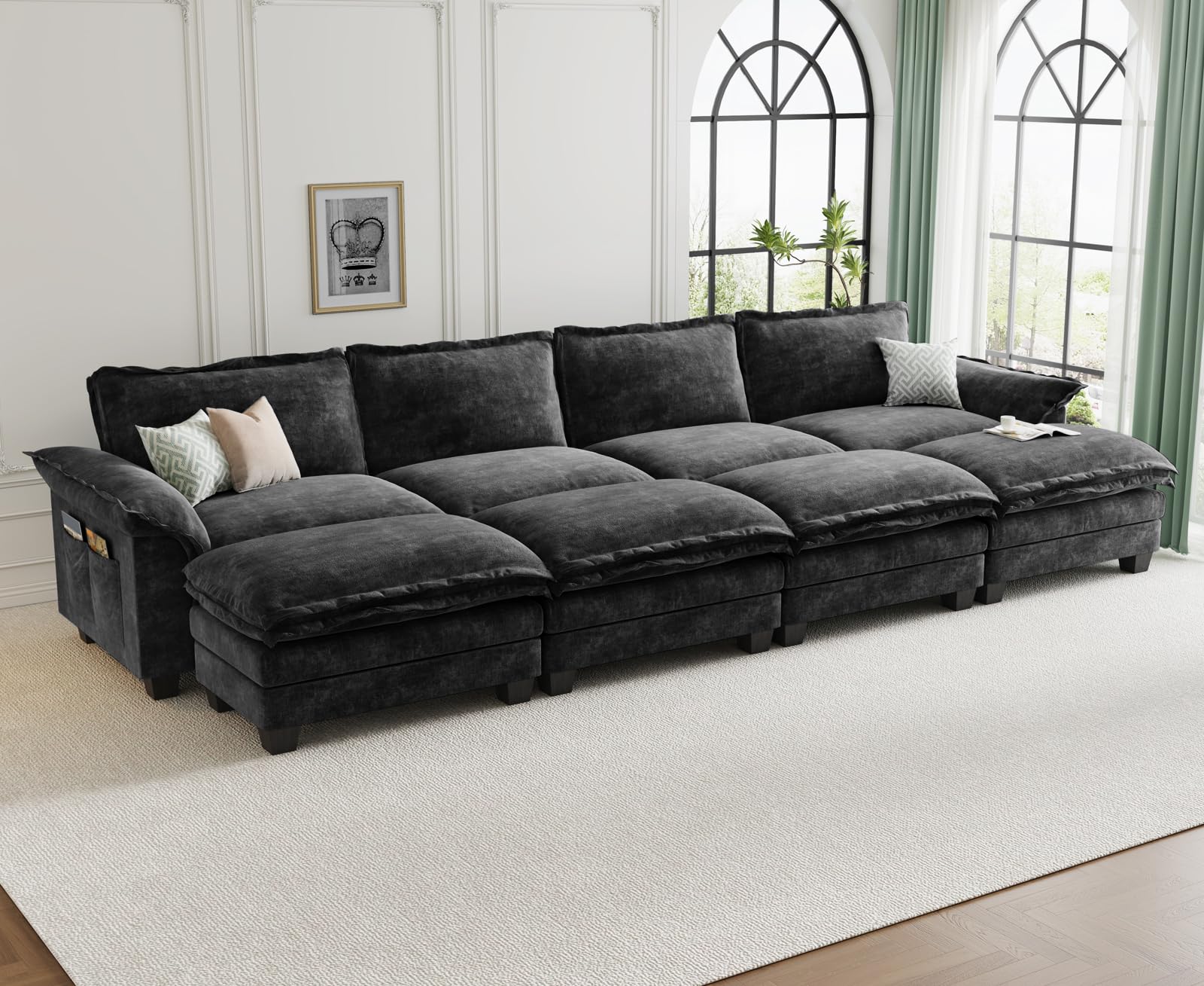 KKL Huge Modular Sectional Sofa Bed, 8 Seater Cloud Couch with Ottoman, Chenille Sectional Couches for Living Room, Apartment, Black