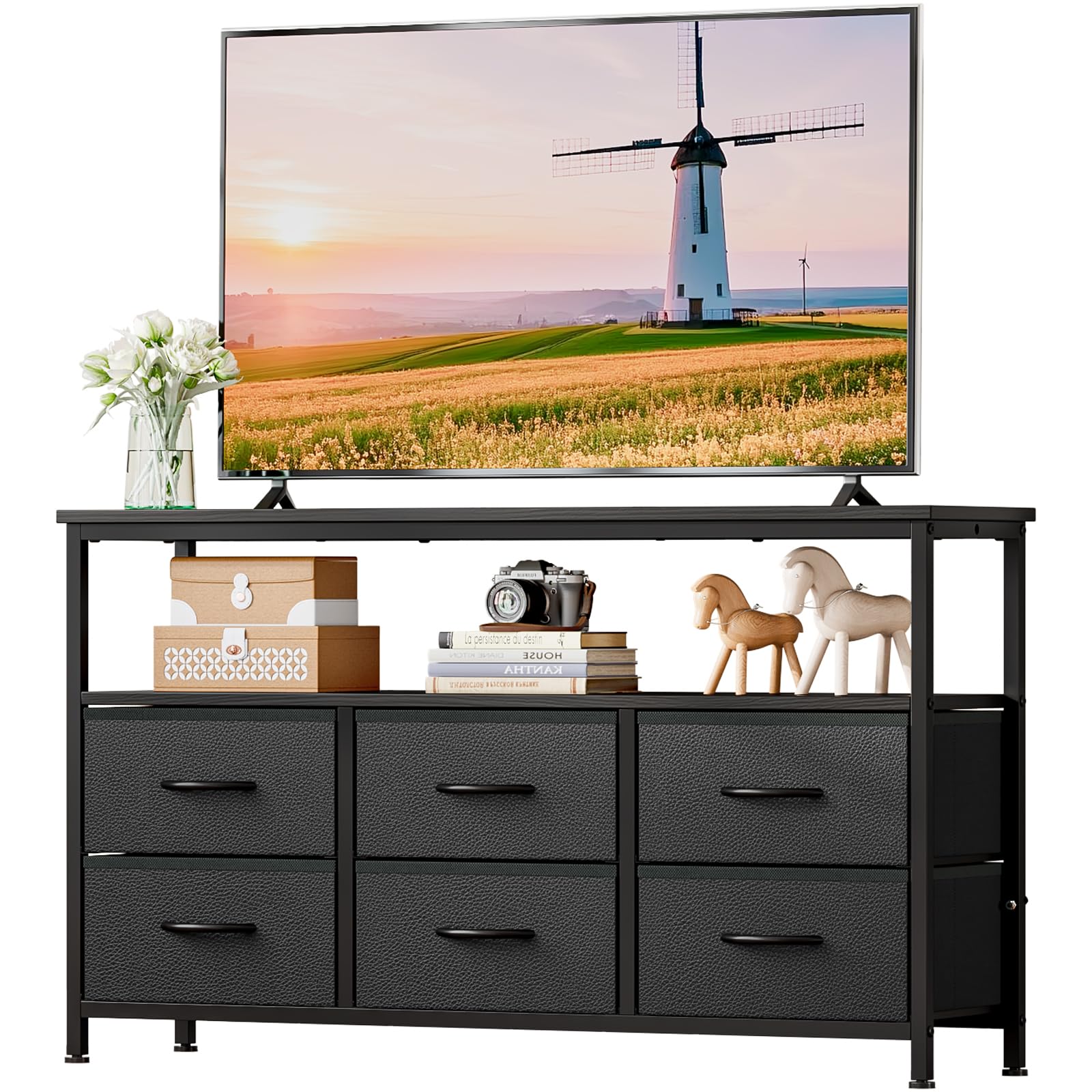 Mueble TV con 6 Cajones y Estantes Abiertos | Para TV de hasta 55", Negro, 120 × 30 × 68 cm, Ideal para Salón o Dormitorio