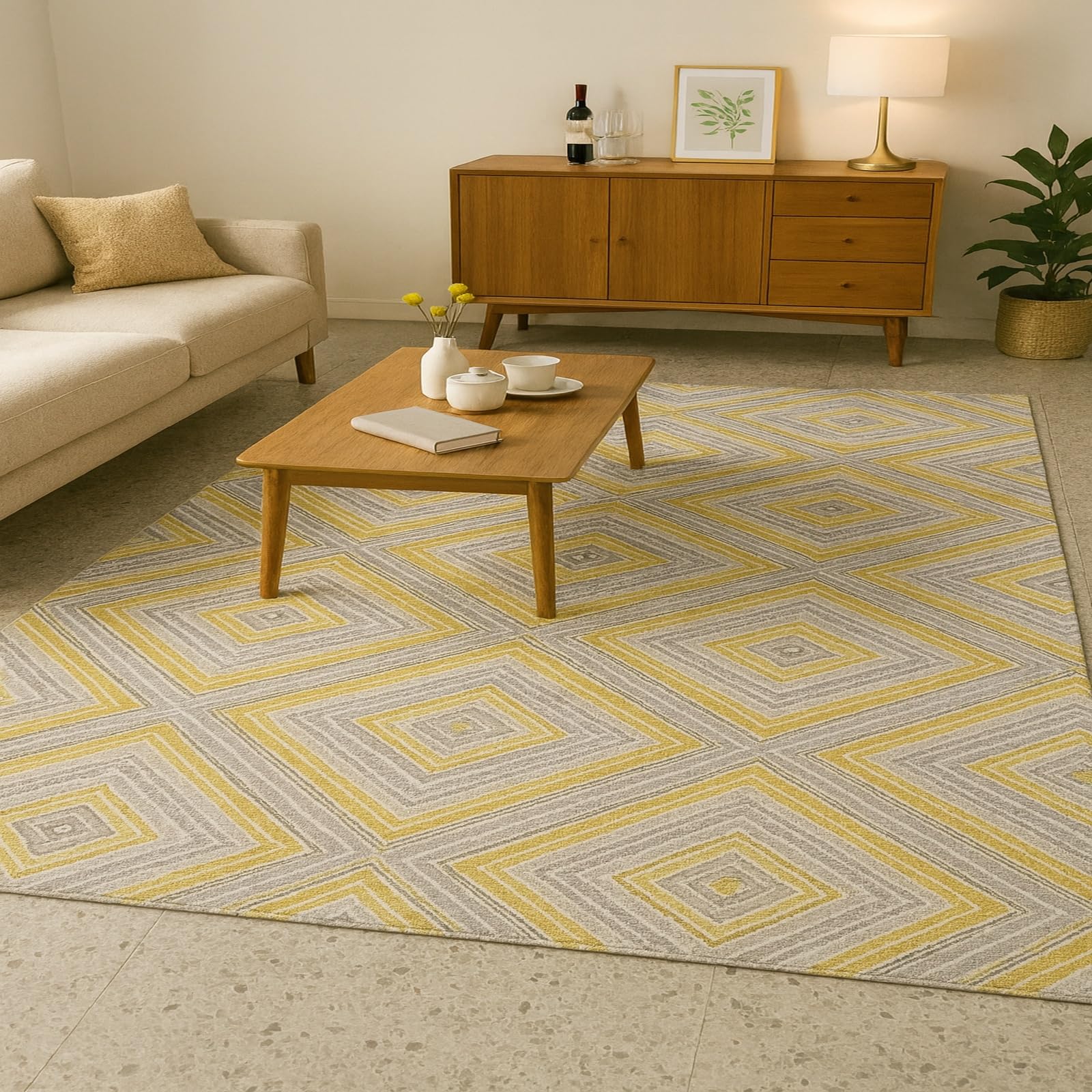 Tapis antidérapant poils ras jaune moderne 170x240cm pour terrasse