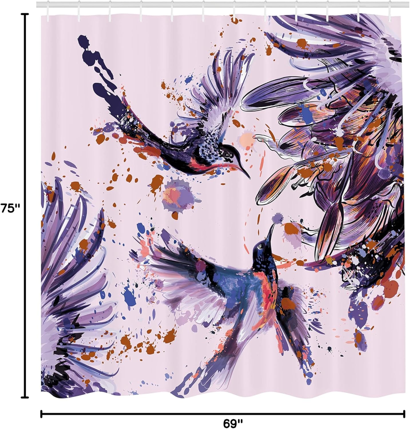 Ambesonne Hummingbird Shower Curtain, Art Lily Flowers Birds and Color Splashes in Watercolor Painting Style, Cloth Fabric Bathroom Decor Set with Hooks, 69" W x 75" L, Lavender Rose