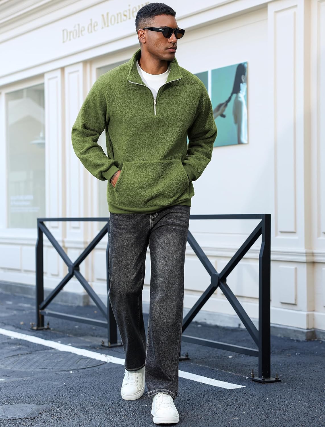 ZAFUL Mens 1/4 Zipper Fluffy Polar Fleece Pullover Sweatshirt Printed Kangaroo Pocket Fall Winter Unisex Hoodie - Image 2