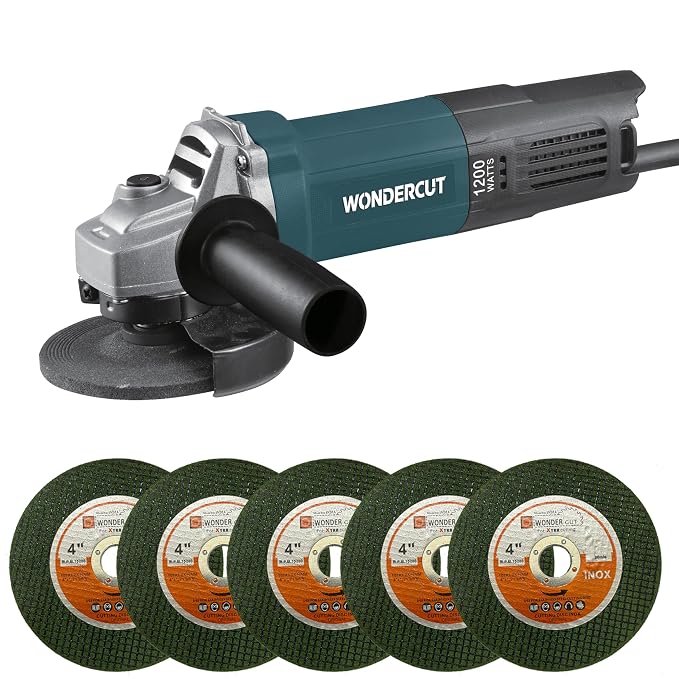 WONDERCUT Angle Grinder WC-AG-807+5, 1200W Professional Copper Armature, Disc Dia 100mm,11000 RPM for Cutting Grinding & Polishing with 5Pcs Cutting Wheel & Protective Guard Slim Body & Back Switch