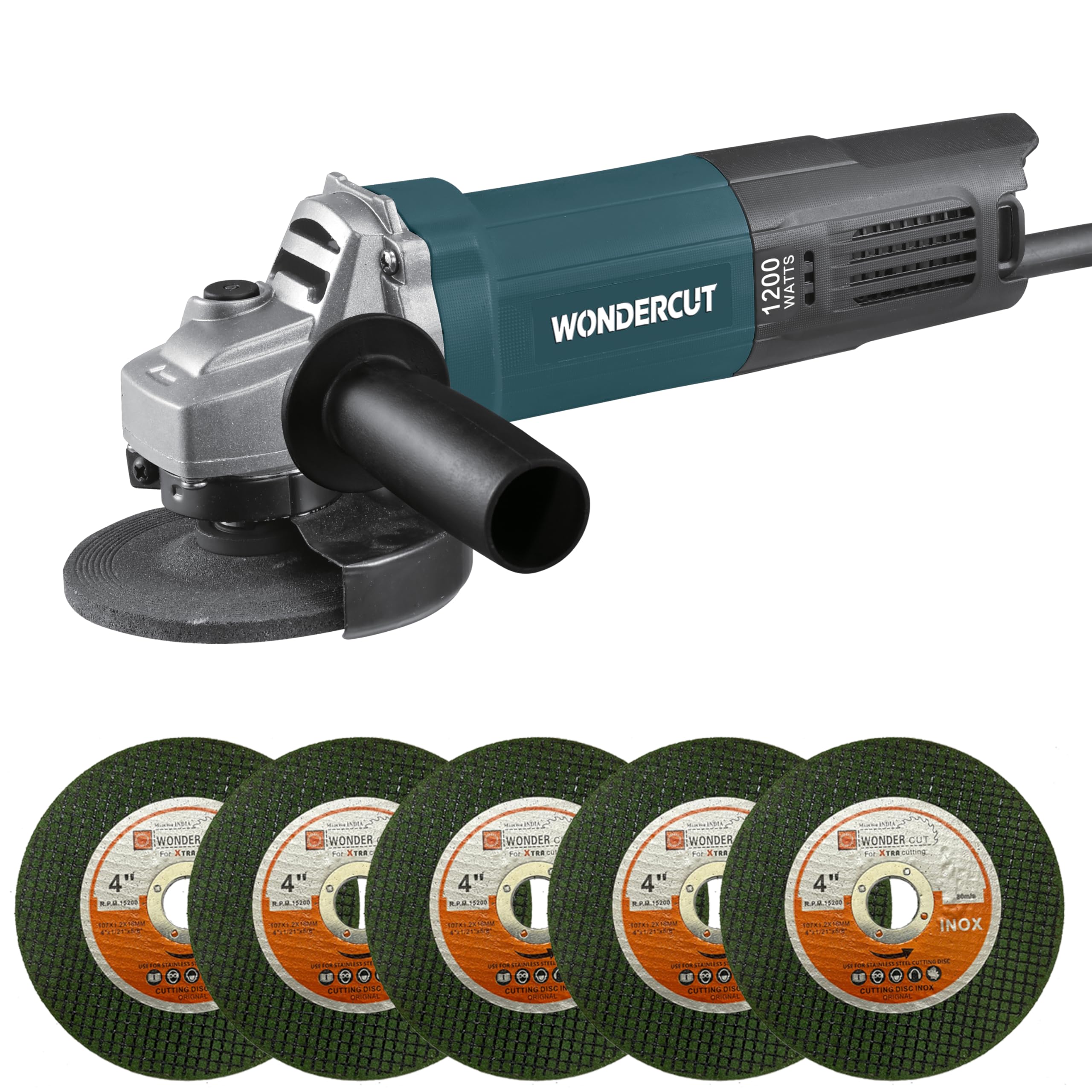 WONDERCUT Angle Grinder WC-AG-807+5, 1200W Professional Copper Armature, Disc Dia 100mm,11000 RPM for Cutting Grinding & Polishing with 5Pcs Cutting Wheel & Protective Guard |Slim Body & Back Switch-image-9