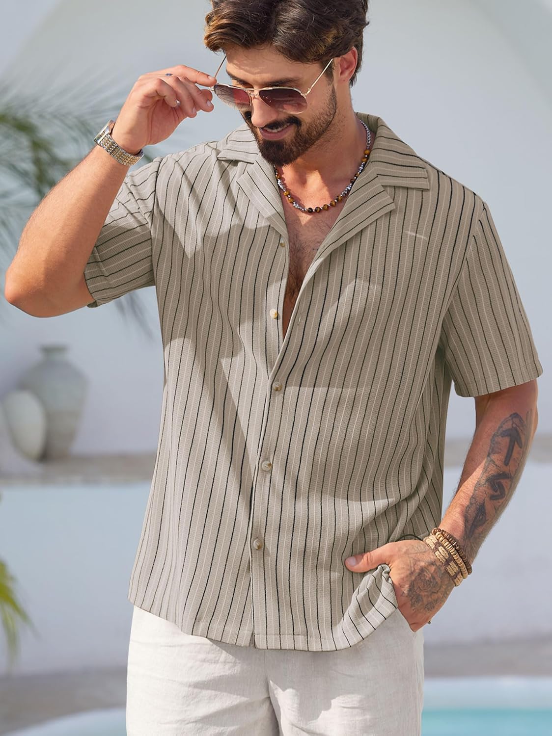 Mens Summer Striped Shirts Casual Cuban Shirt Texture Button Down Shirts for Beach Vacation (S-XXL) - Image 5