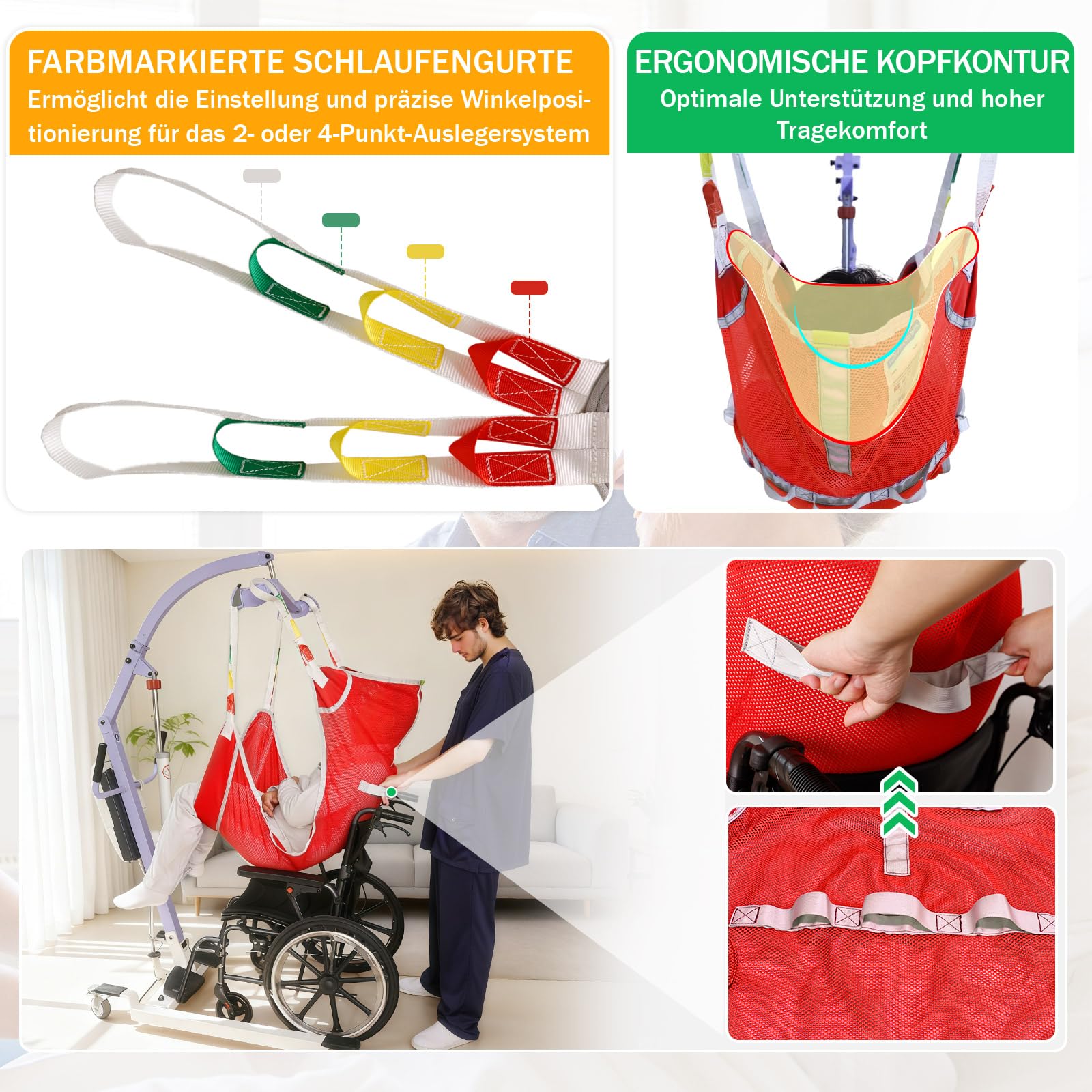 EZ Assistive Hebegurt für Toilettengang, geteiltes Bein-Design mit Kopfstütze – Patientenlifter-Hebegurt, rot mit Kopfstütze, Tragkraft 500 Pfund (ca. 230 kg) (M)