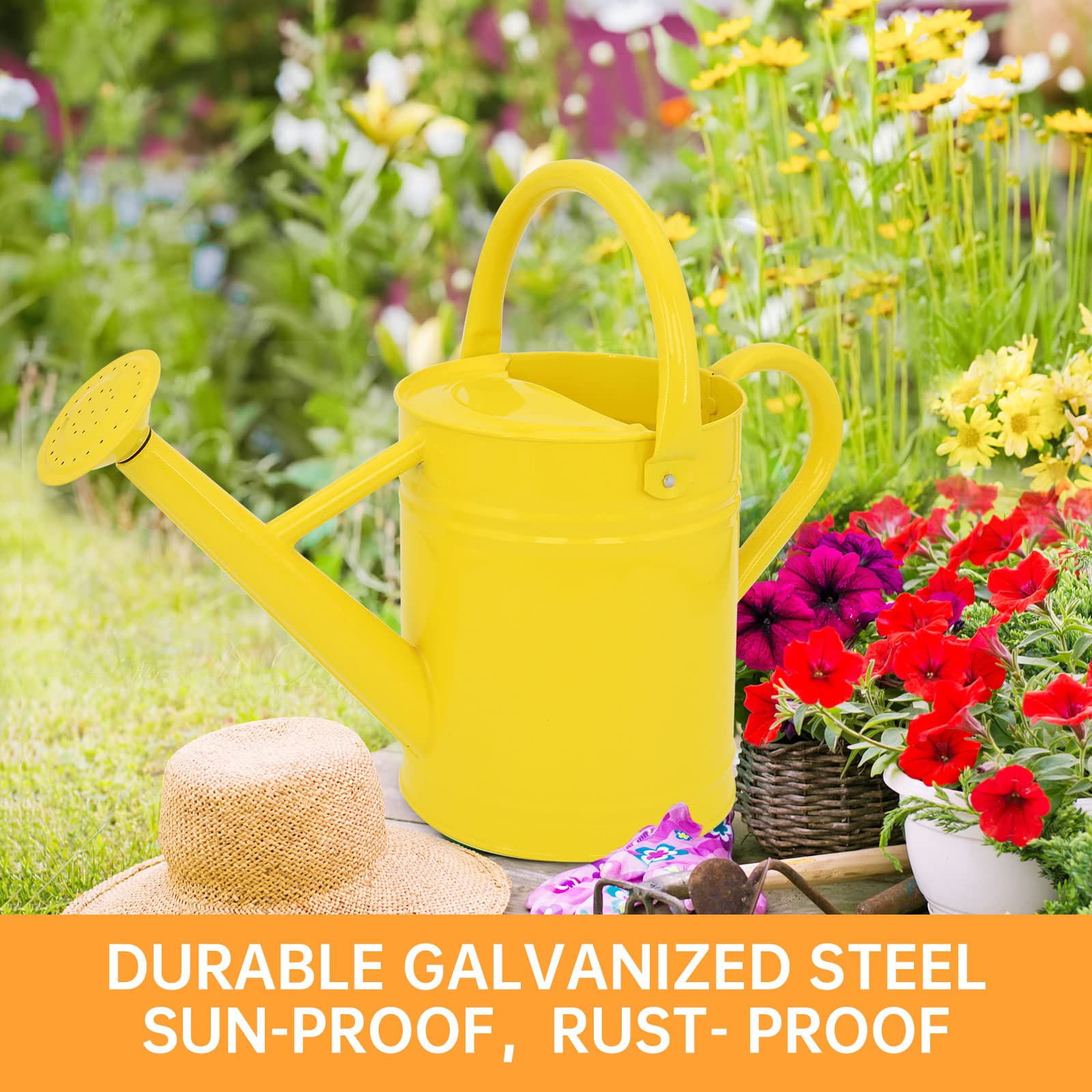 Metall-Gießkanne für Outdoor-Pflanzen, Gießkanne aus verzinktem Stahl mit abnehmbarem Auslauf, 3,5 l, perfekte Dekoration für Haus und Garten, Gelb