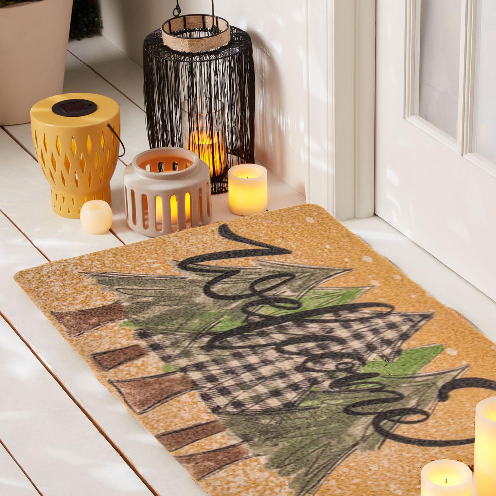 UTOWO Paillasson de bienvenue antidérapant avec imprimé forêt de pins - Tapis d'entrée enneigé - Tapis de Noël au pays des merveilles - 43,2 x 76,2 cm