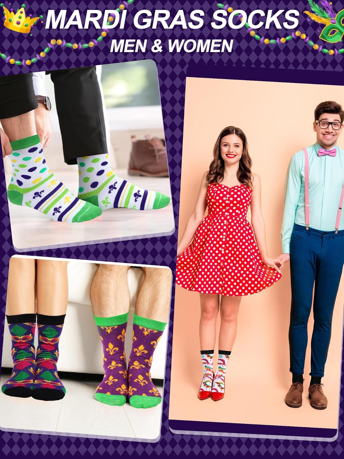 Shinymoon 24 Pairs Mardi Gras Socks bulk Fancy Funny Mardi Gras Novelty Crew Socks for Carnival Holiday Girls Women Gifts - Image 6