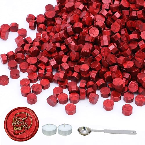 SWANGSA Kit de 360 cuentas de cera de sellado rojo vino con 2 velas de té y 1 cuchara de fusión de cera para sello de cera (rojo vino)
