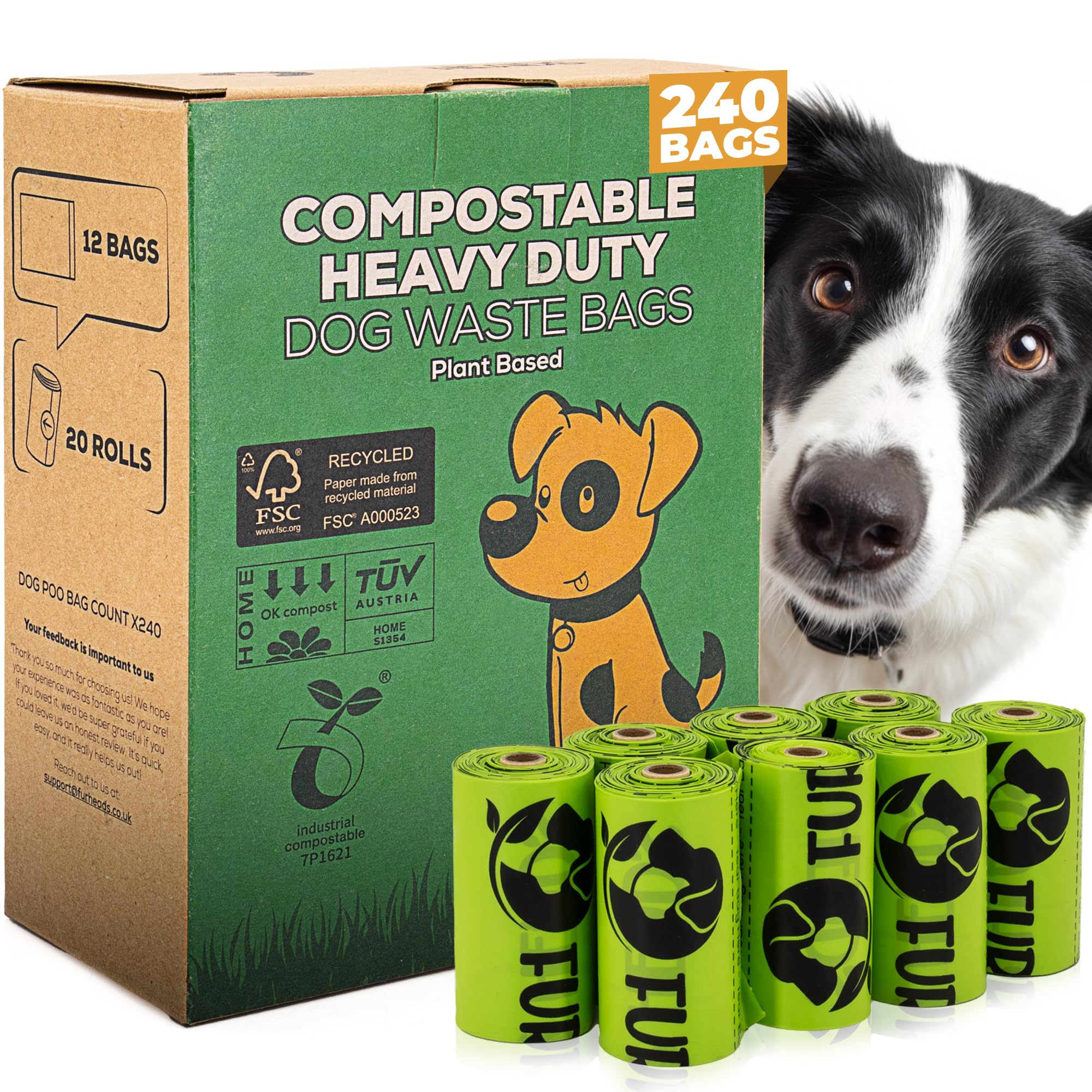 Fur Heads Green Dog Poo Bags – 240 Compostable & Biodegradable Bags | Extra Thick, Leak-Proof, Unscented & Plastic-Free | Eco Dog Waste Bags | En13432 Certified & Plant-Based